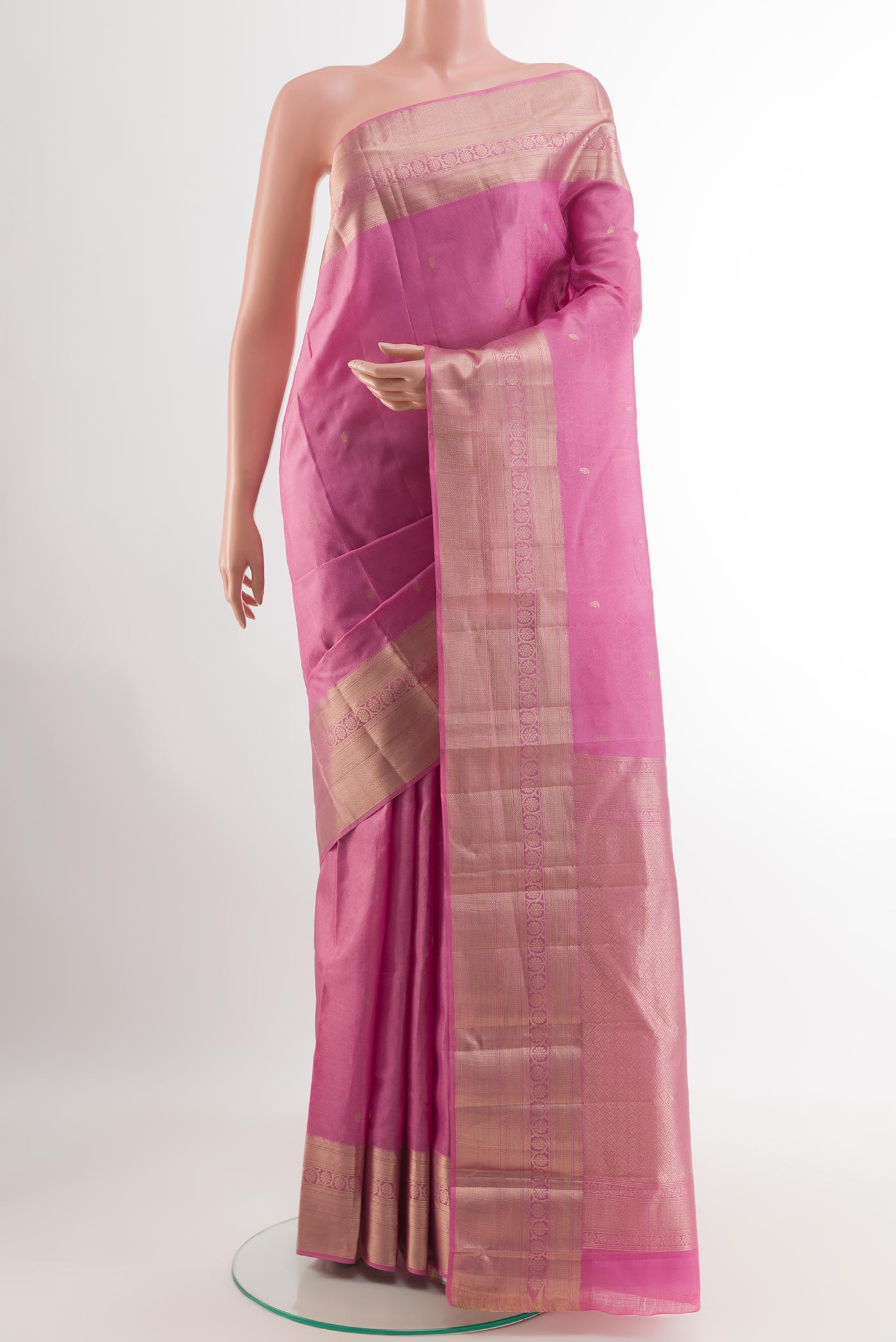 Pink Kanchipuram Silk Saree with Jacquard With Zari Butta on the body and Zari Border.  displayed on a mannequin