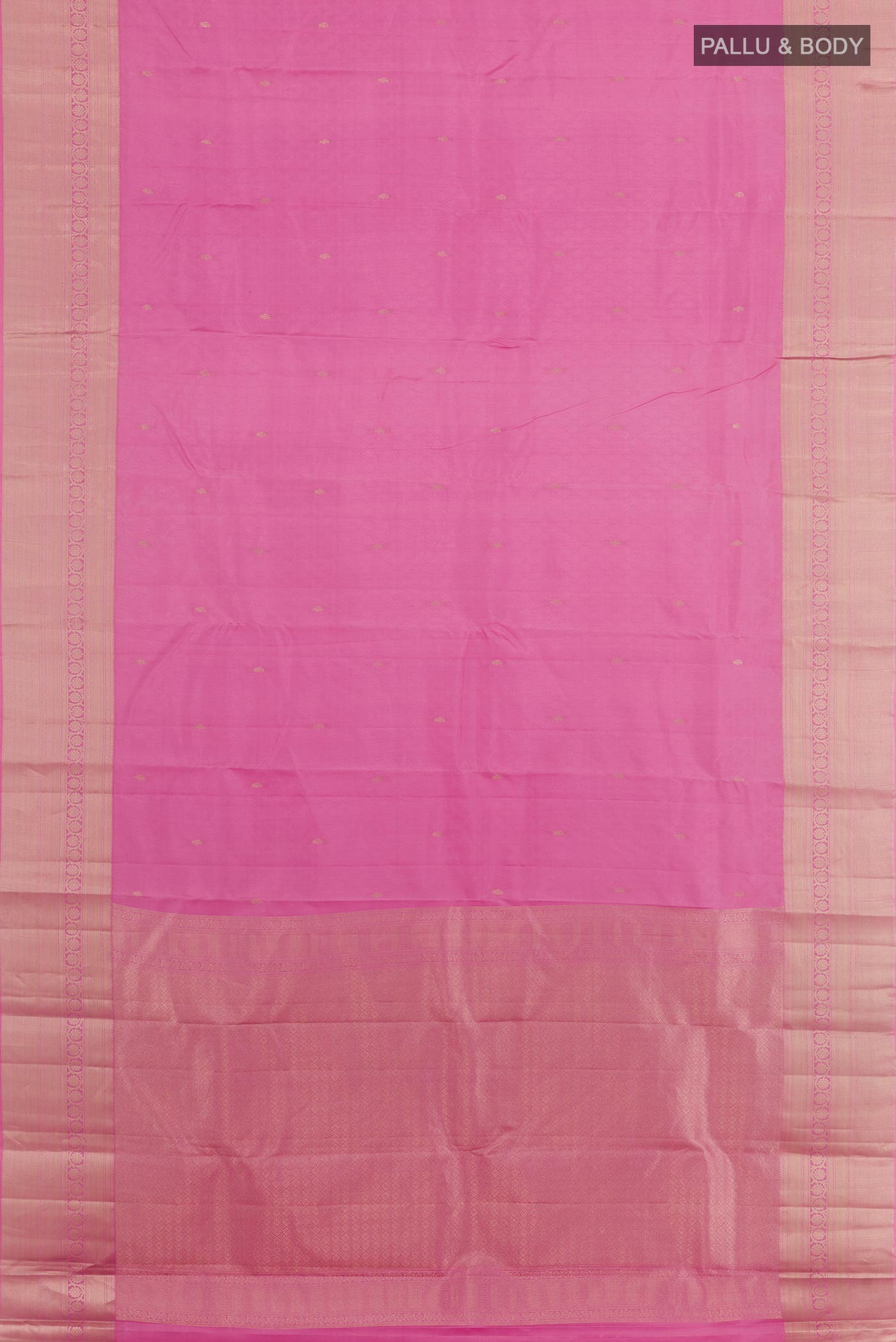 Flat view of Pink Kanchipuram Silk Saree with Jacquard With Zari Butta on the body and Zari Border. 
