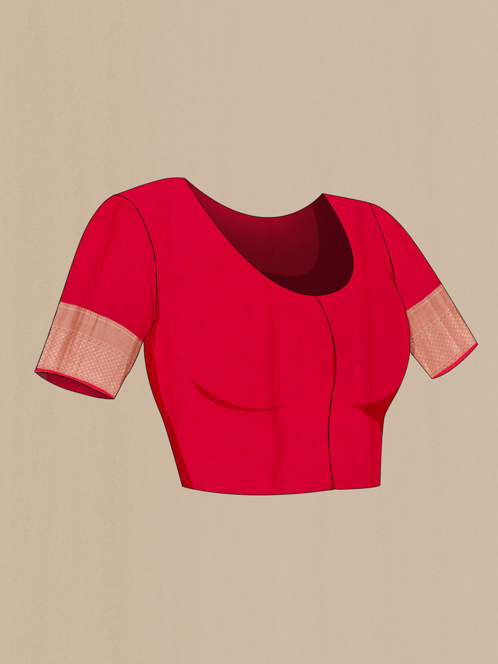 Close up image of the blouse of Red Kanchipuram Silk Saree with Jacquard With Zari Butta on the body and Zari Border. 