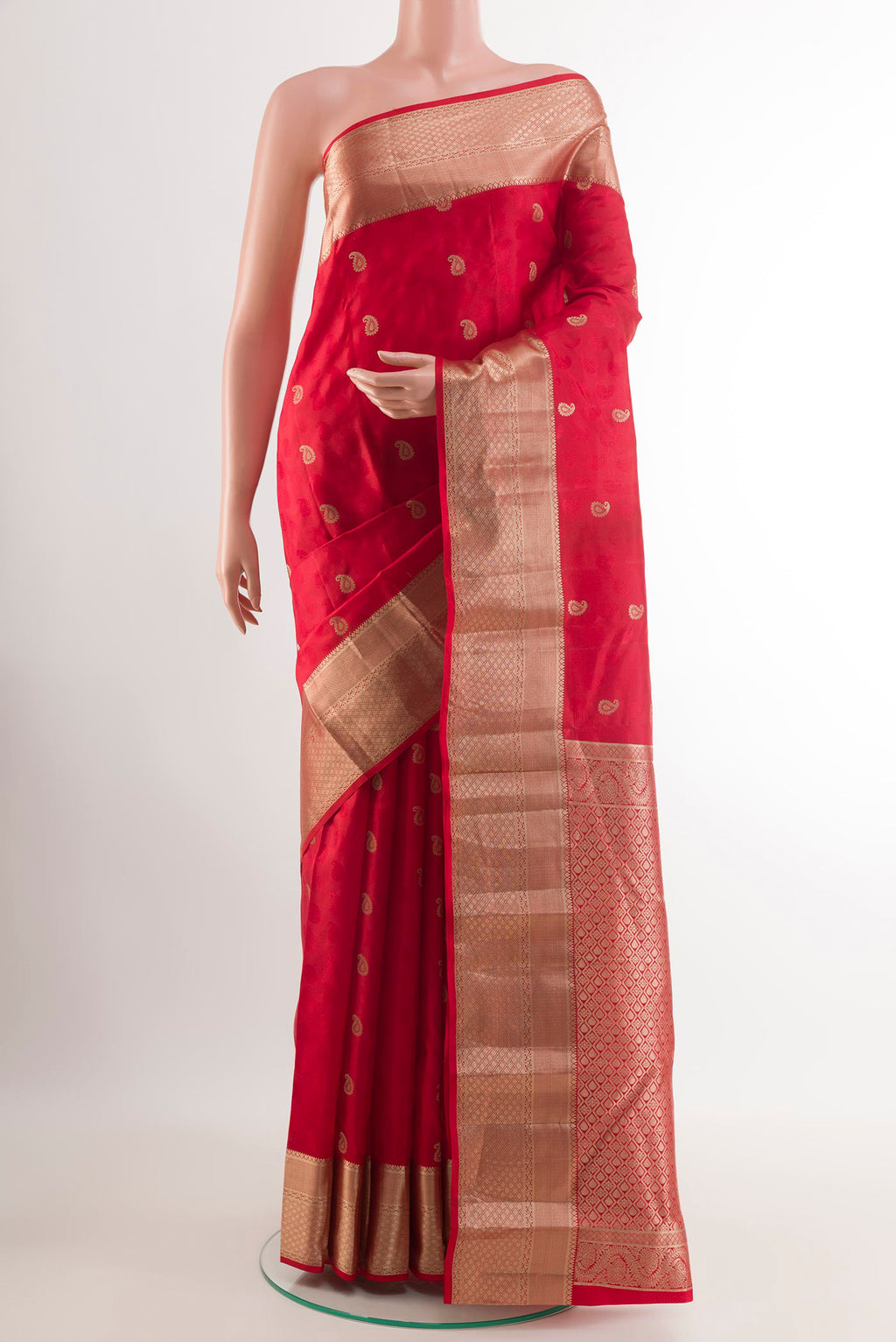 Red Kanchipuram Silk Saree with Jacquard With Zari Butta on the body and Zari Border.  displayed on a mannequin