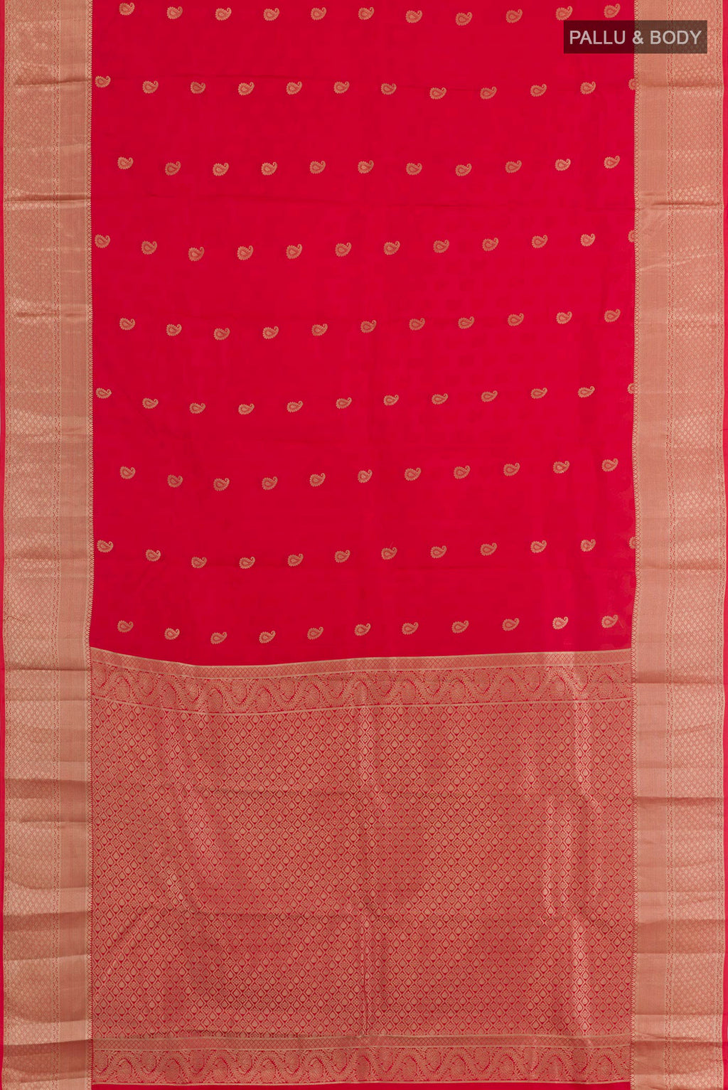Flat view of Red Kanchipuram Silk Saree with Jacquard With Zari Butta on the body and Zari Border. 