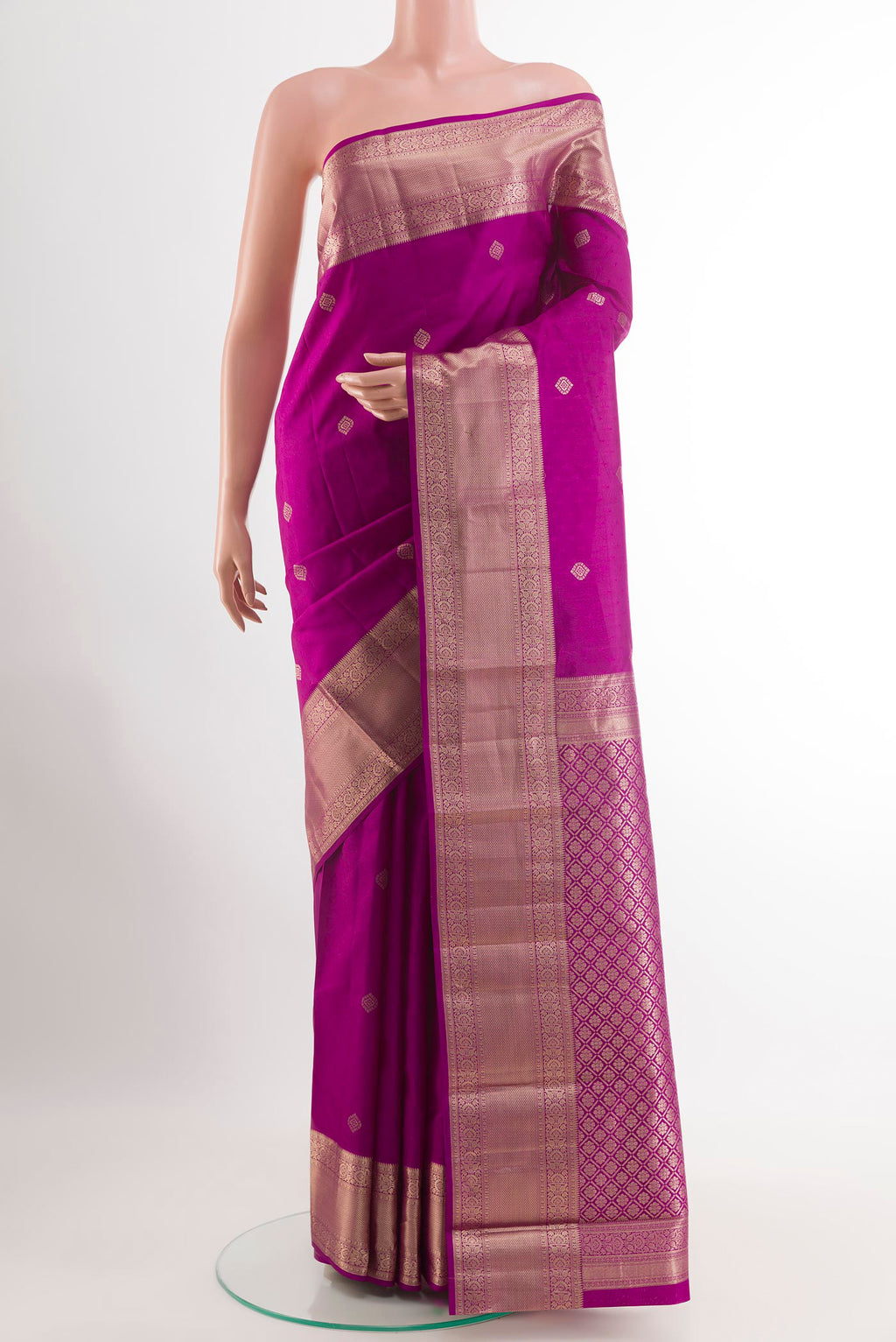 Purple Kanchipuram Silk Saree with Jacquard With Zari Butta on the body and Zari Border.  displayed on a mannequin