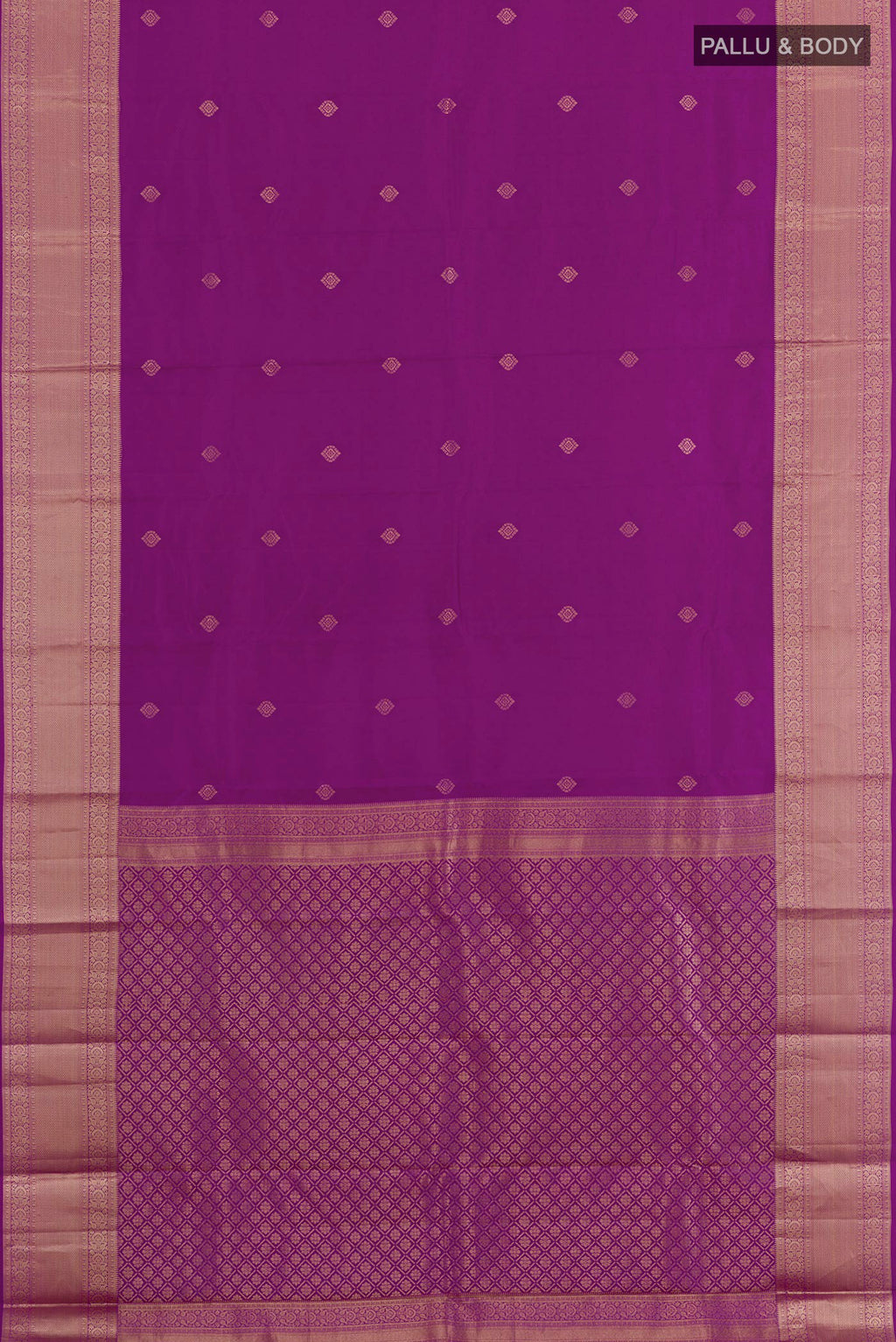 Flat view of Purple Kanchipuram Silk Saree with Jacquard With Zari Butta on the body and Zari Border. 