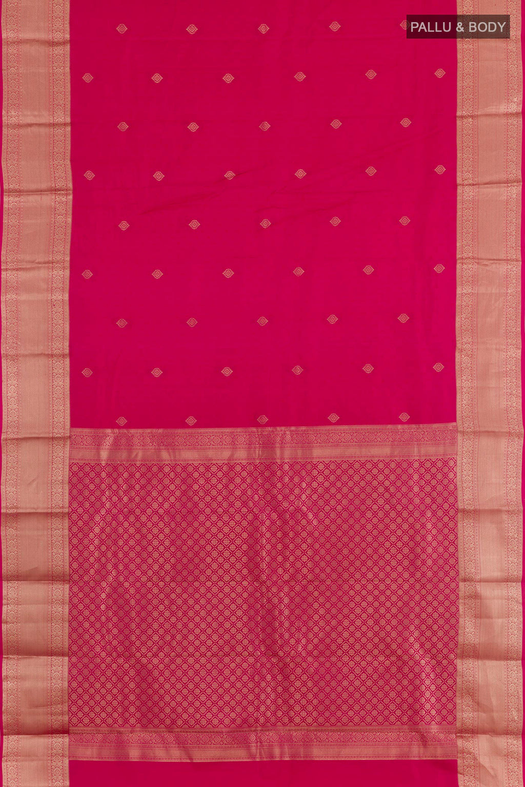 Flat view of Pink Kanchipuram Silk Saree with Jacquard With Zari Butta on the body and Zari Border. 