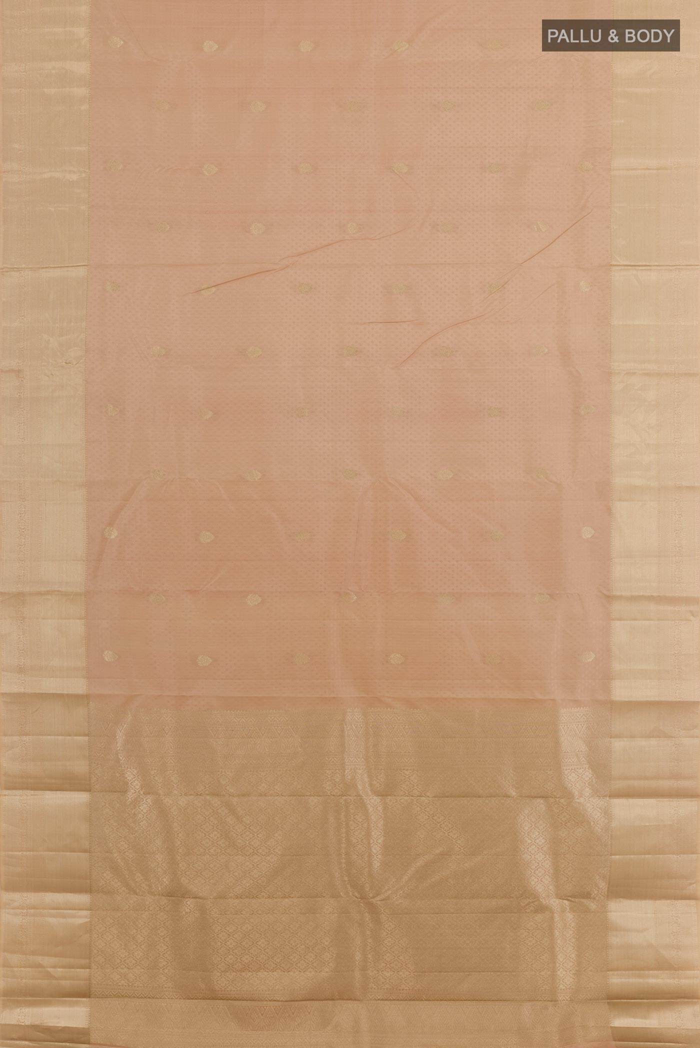Flat view of Beige Kanchipuram Silk Saree with Jacquard With Zari Butta on the body and Zari Border. 