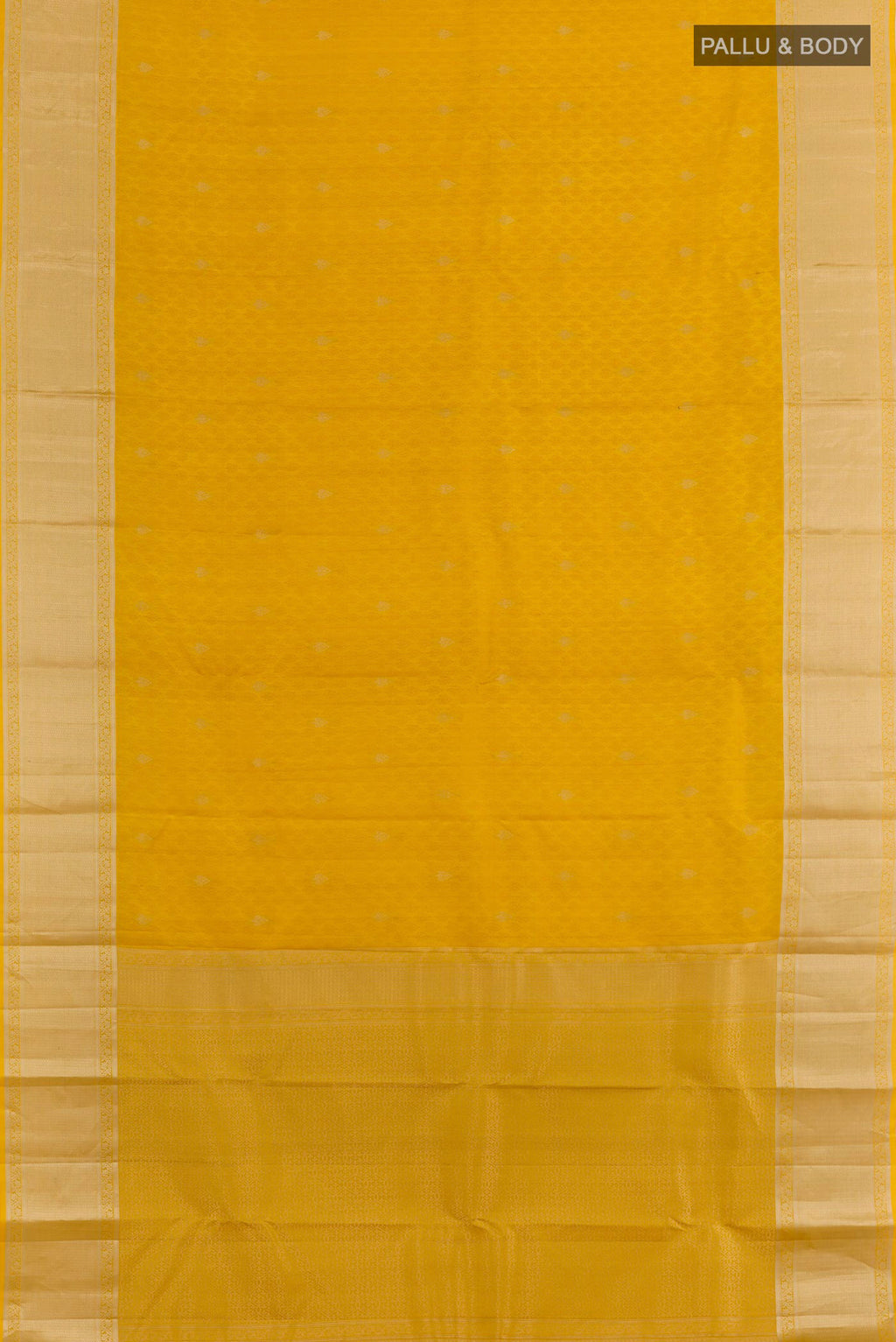 Flat view of Yellow Kanchipuram Silk Saree with Jacquard With Zari Butta on the body and Zari Border. 