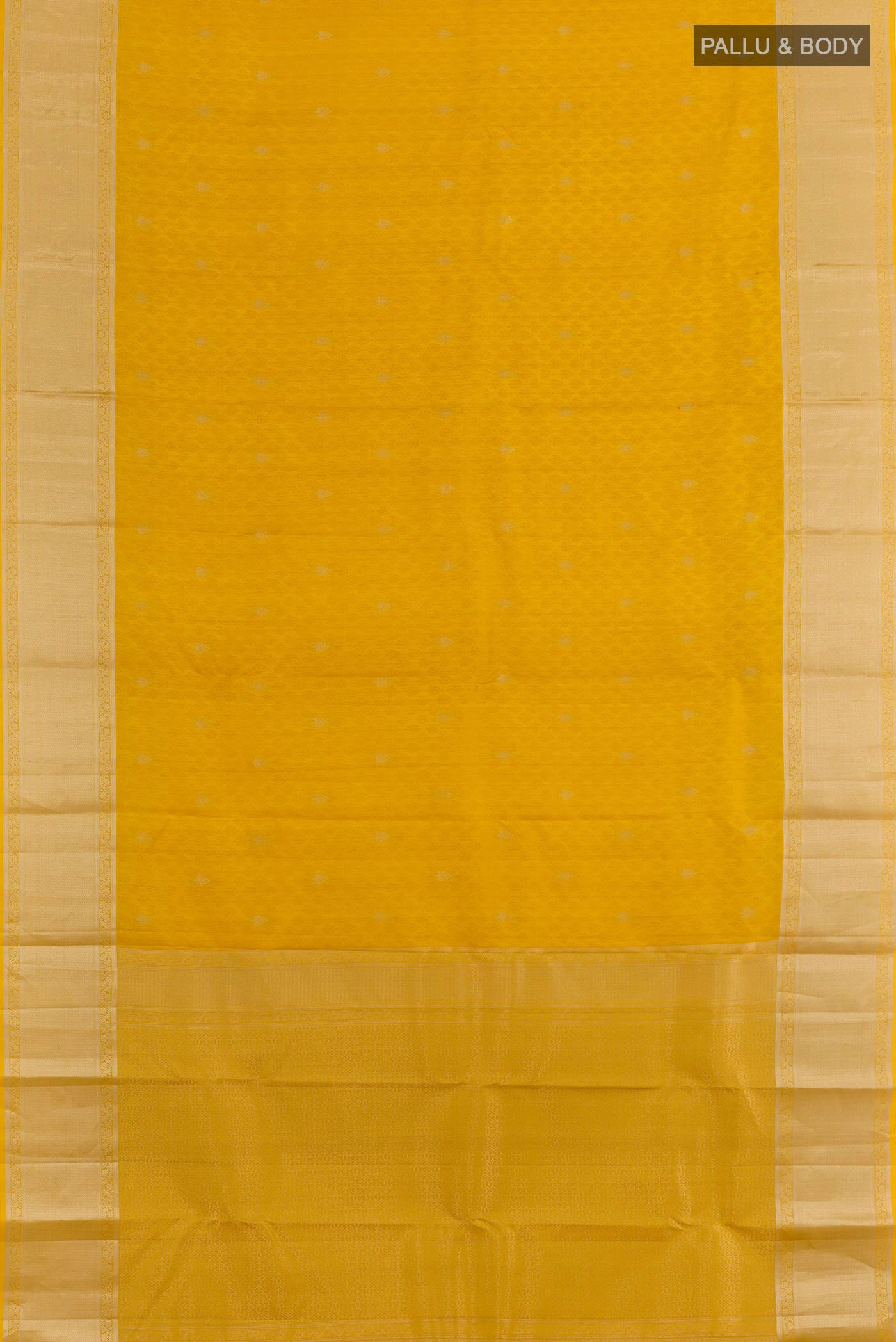Flat view of Yellow Kanchipuram Silk Saree with Jacquard With Zari Butta on the body and Zari Border. 