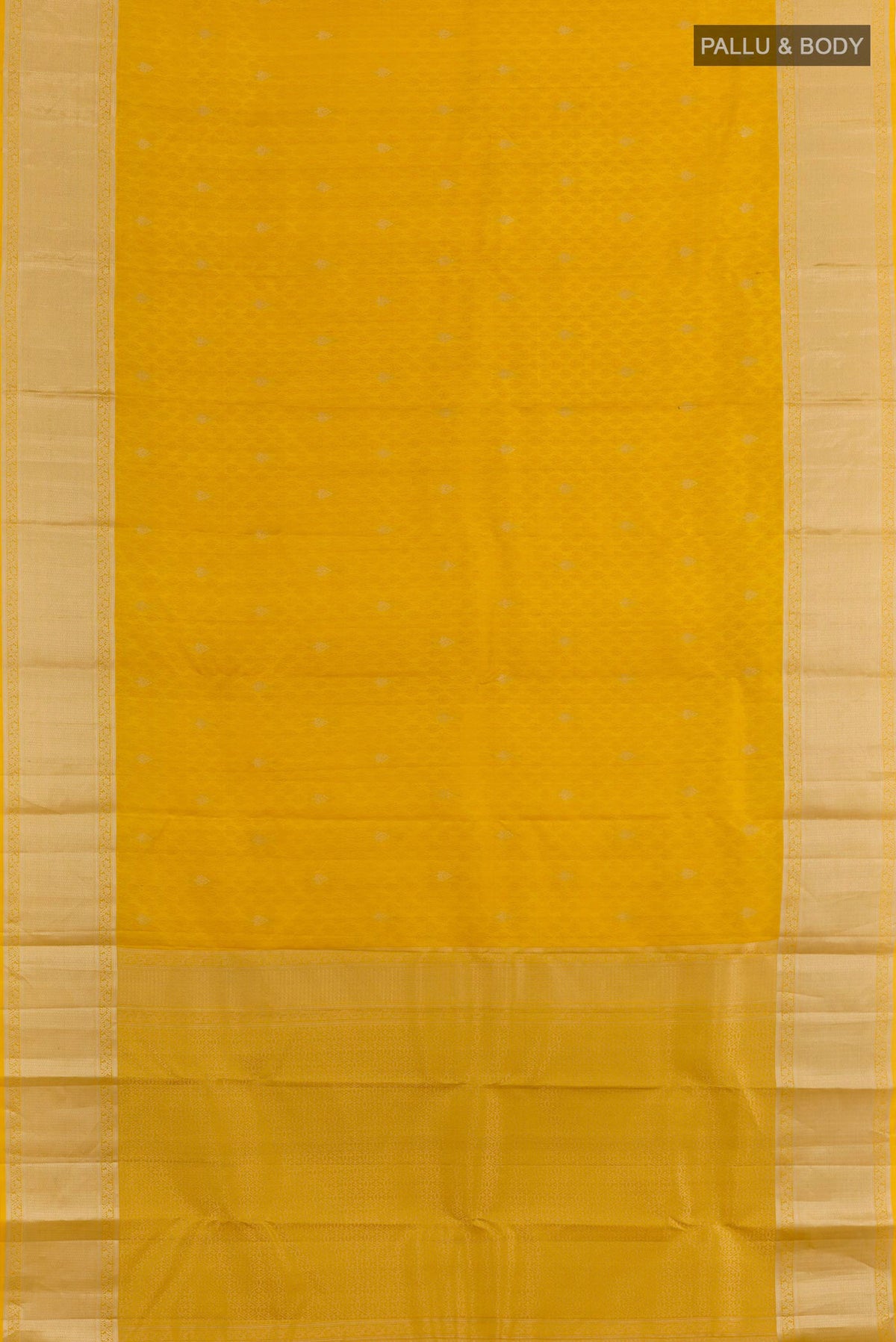Flat view of Yellow Kanchipuram Silk Saree with Jacquard With Zari Butta on the body and Zari Border. 