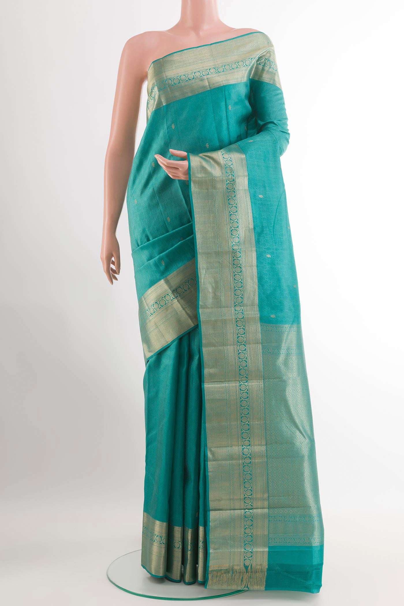 Blue Kanchipuram Silk Saree with Jacquard With Zari Butta on the body and Zari Border.  displayed on a mannequin