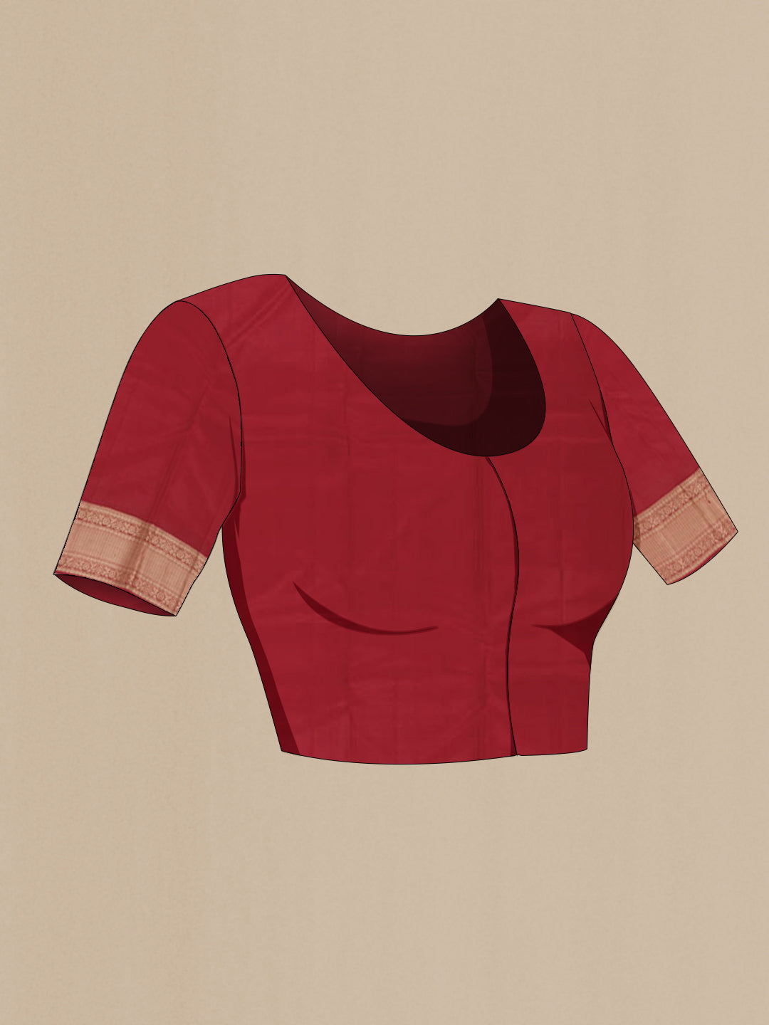 Close up image of the blouse of Maroon Kanchipuram Silk Saree with Jacquard With Zari Butta on the body and Zari Border. 