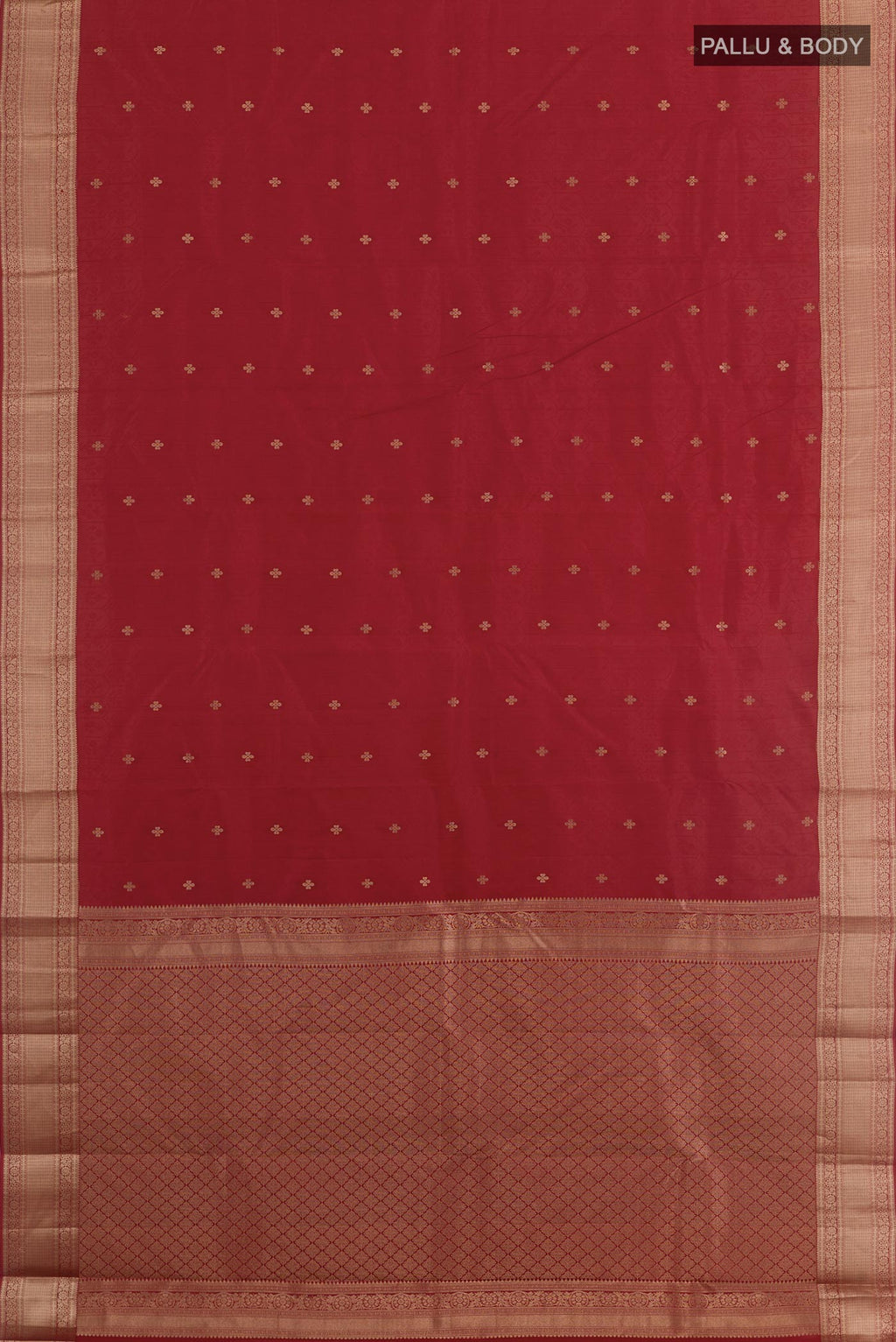 Flat view of Maroon Kanchipuram Silk Saree with Jacquard With Zari Butta on the body and Zari Border. 