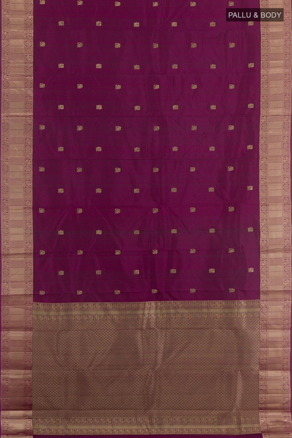 Flat view of Purple Kanchipuram Silk Saree with Jacquard With Zari Butta on the body and Zari Border. 