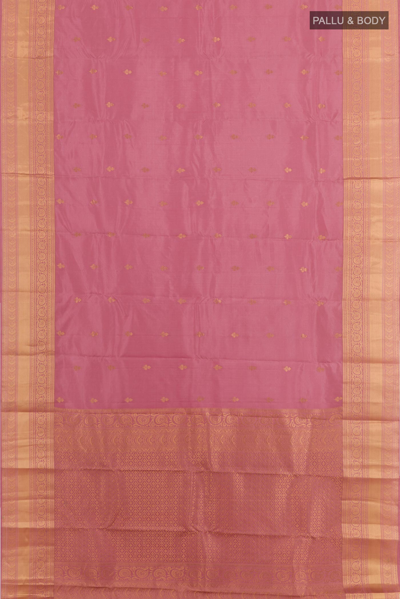 Flat view of Pink Kanchipuram Silk Saree with Zari Butta on the body and Zari Border. 