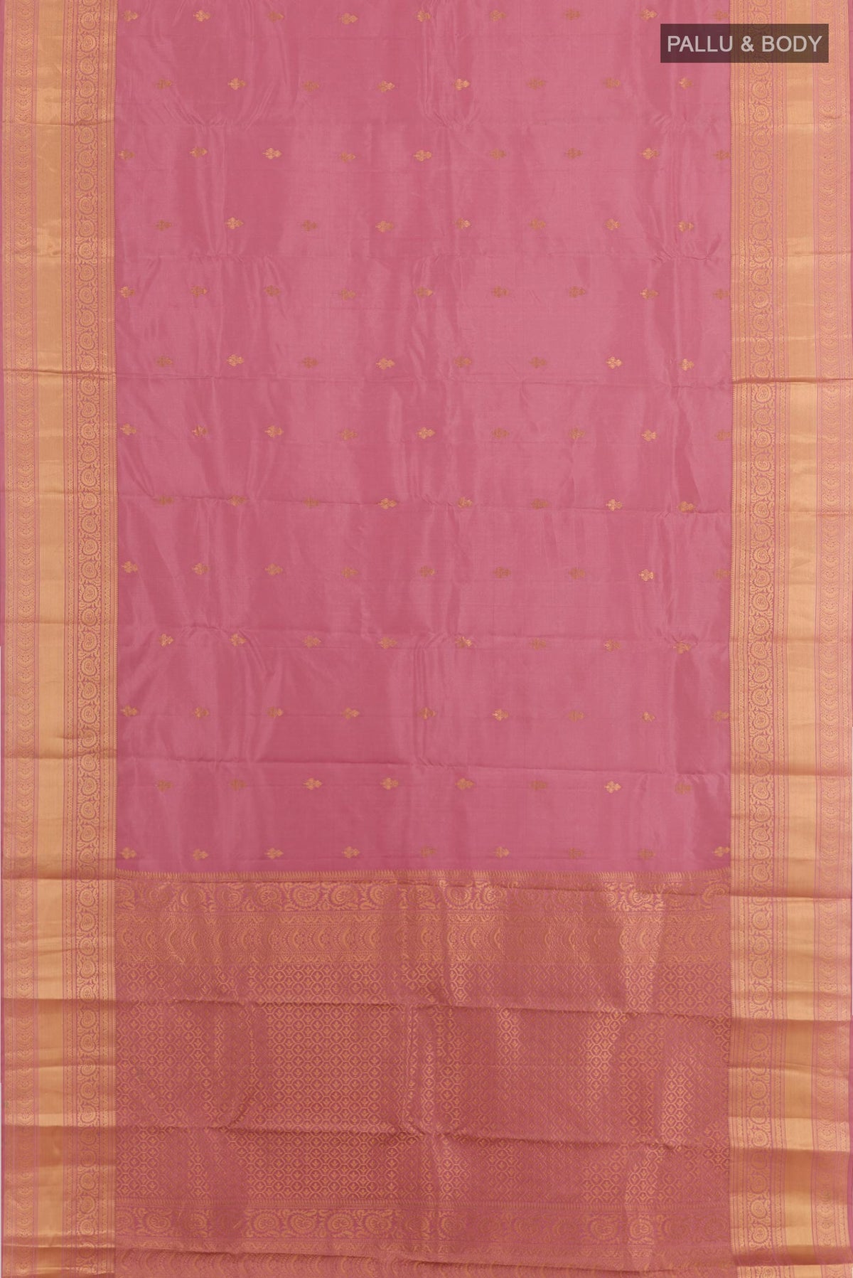 Flat view of Pink Kanchipuram Silk Saree with Zari Butta on the body and Zari Border. 