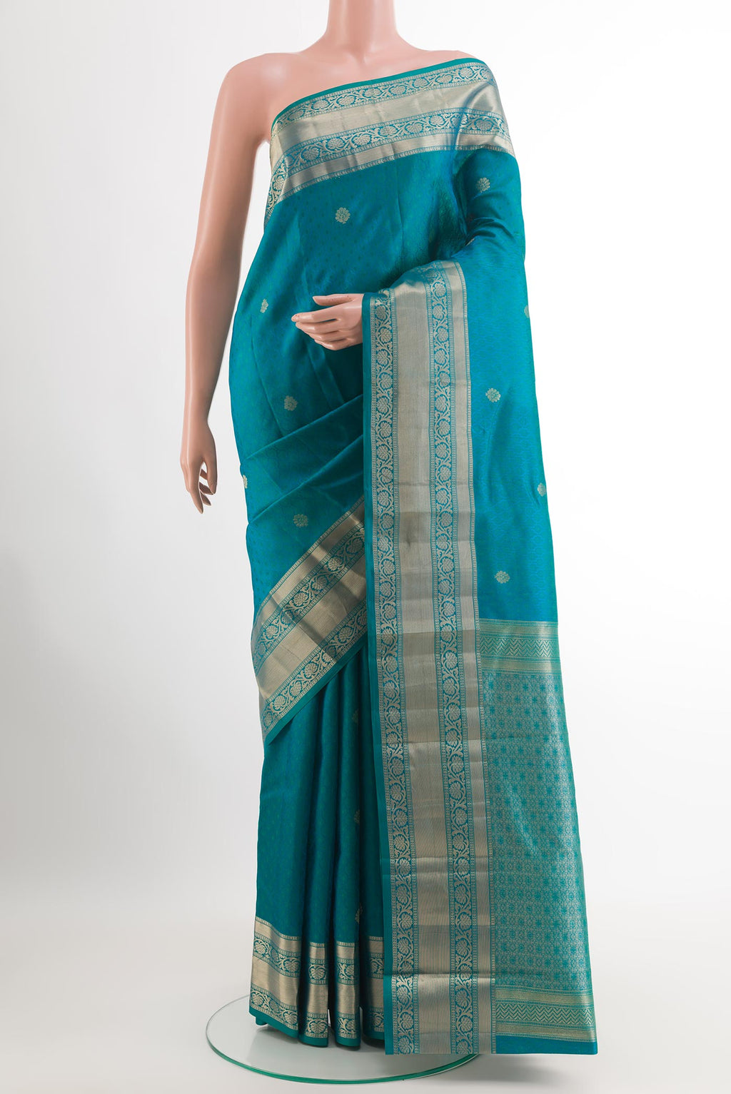 Blue Kanchipuram Silk Saree with Jacquard With Zari Butta on the body and Zari Border.  displayed on a mannequin