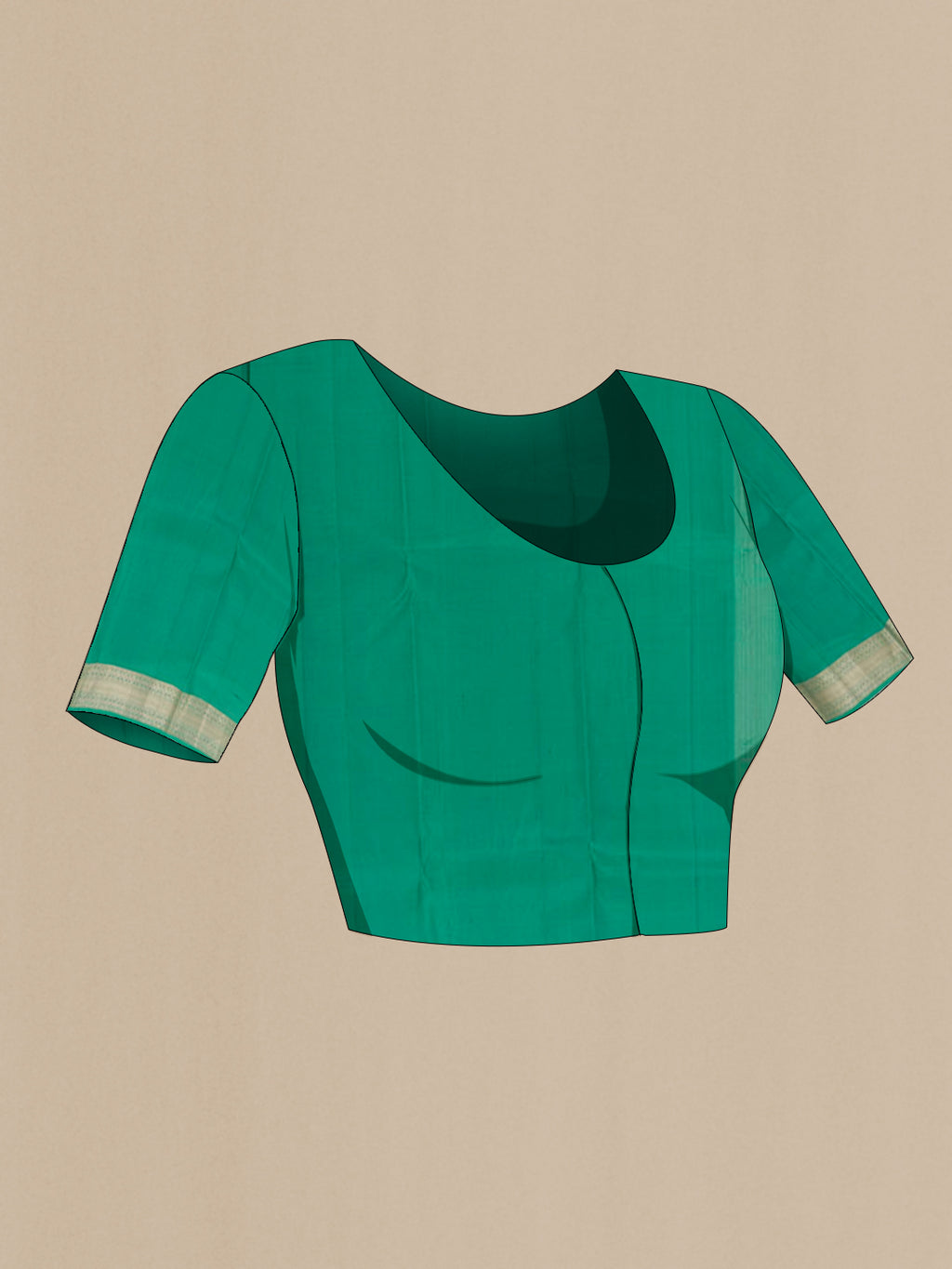 Close up image of the blouse of Green Kanjivaram Silk Saree with Zari Butta on the body and Zari Border. 