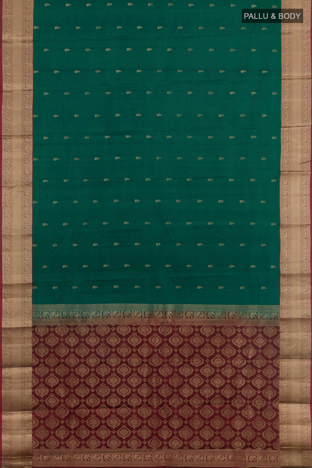 Flat view of Green Kanchipuram Silk Saree with Zari Butta on the body and Zari Border. 