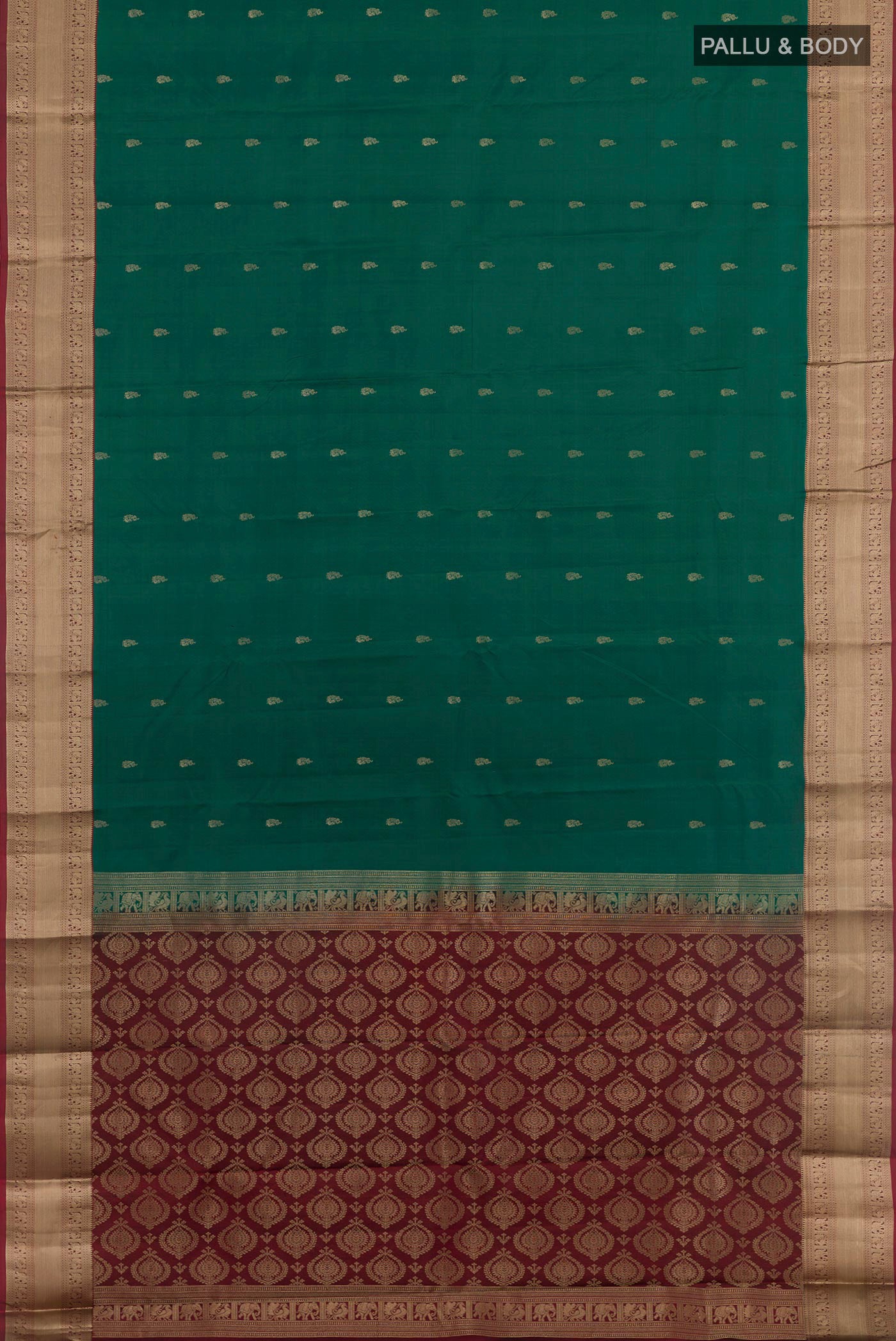 Flat view of Green Kanchipuram Silk Saree with Zari Butta on the body and Zari Border. 