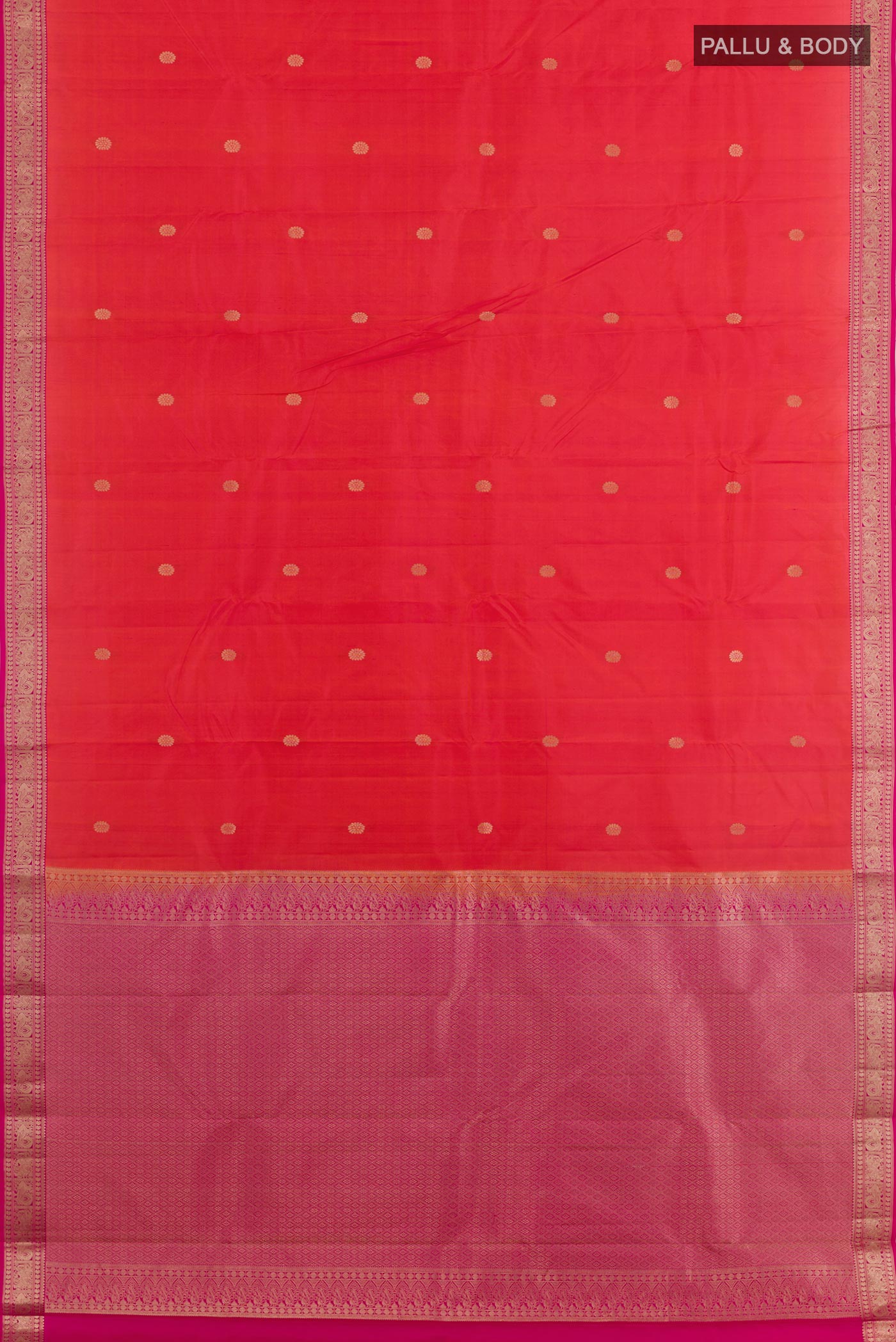 Flat view of Red Kanchipuram Silk Saree with Zari Butta on the body and Zari Border. 
