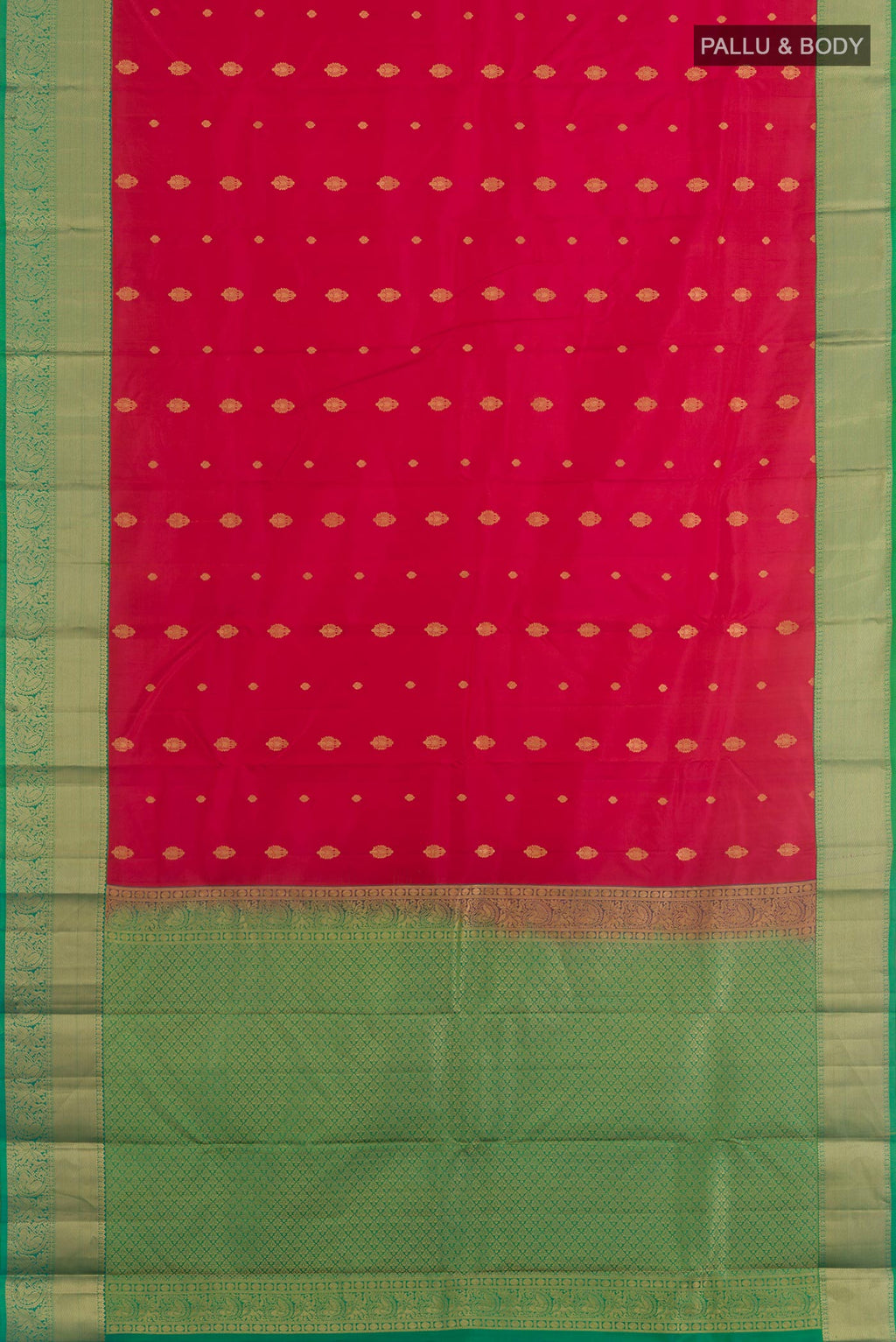 Flat view of Red Kanchipuram Silk Saree with Zari Butta on the body and Zari Border. 