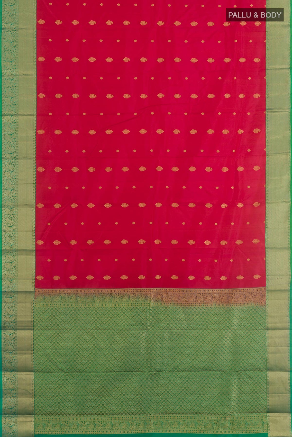 Flat view of Red Kanchipuram Silk Saree with Zari Butta on the body and Zari Border. 