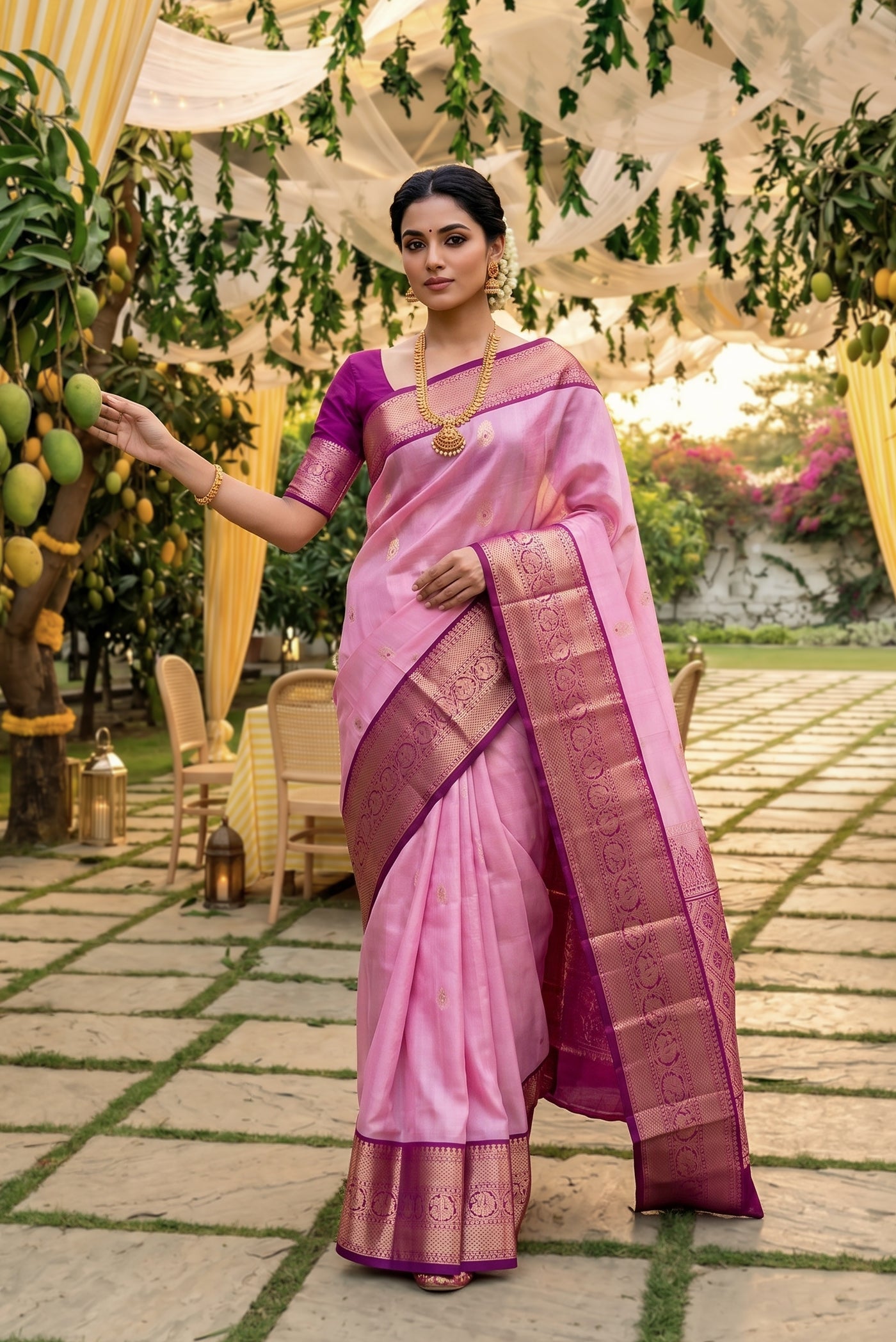 Model wearing a Rose pink Kanchipuram Silk Saree with Zari Butta on the body and Zari Border.