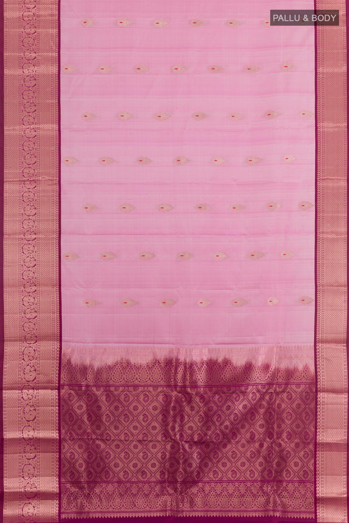 Flat view of Pink Kanchipuram Silk Saree with Zari Butta on the body and Zari Border. 