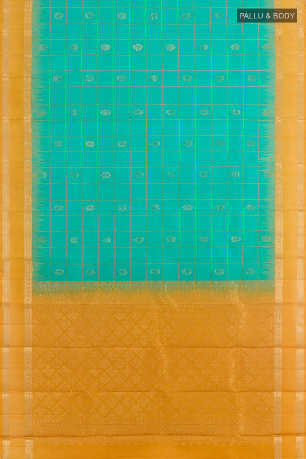 Flat view of Sea Green Kanjivaram Silk Saree with Checked design on the body and Zari Border. 