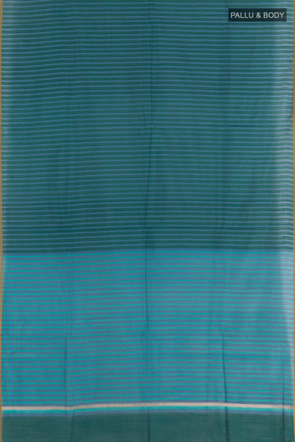 Flat view of Blue Tussar Saree with Stripes on the body and Plain Border. 