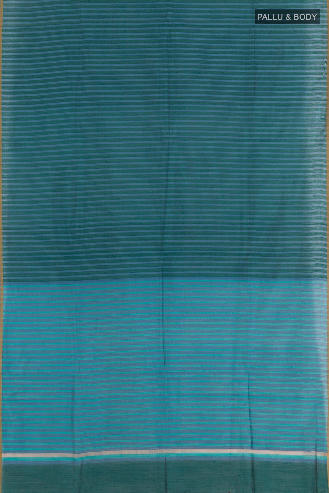 Flat view of Blue Tussar Saree with Stripes on the body and Plain Border. 