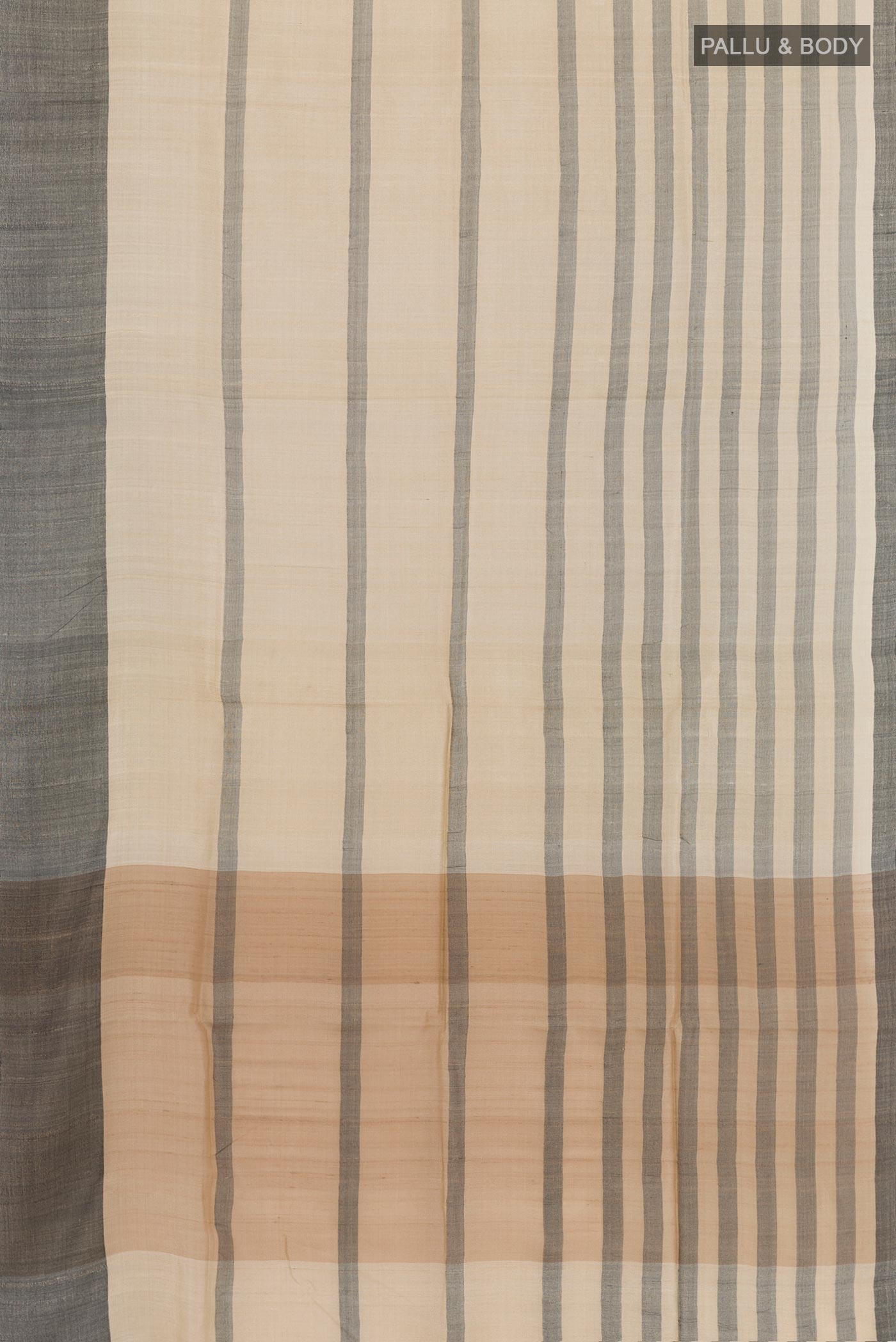 Flat view of Beige Tussar Saree with Printed design on the body and Without Border. 