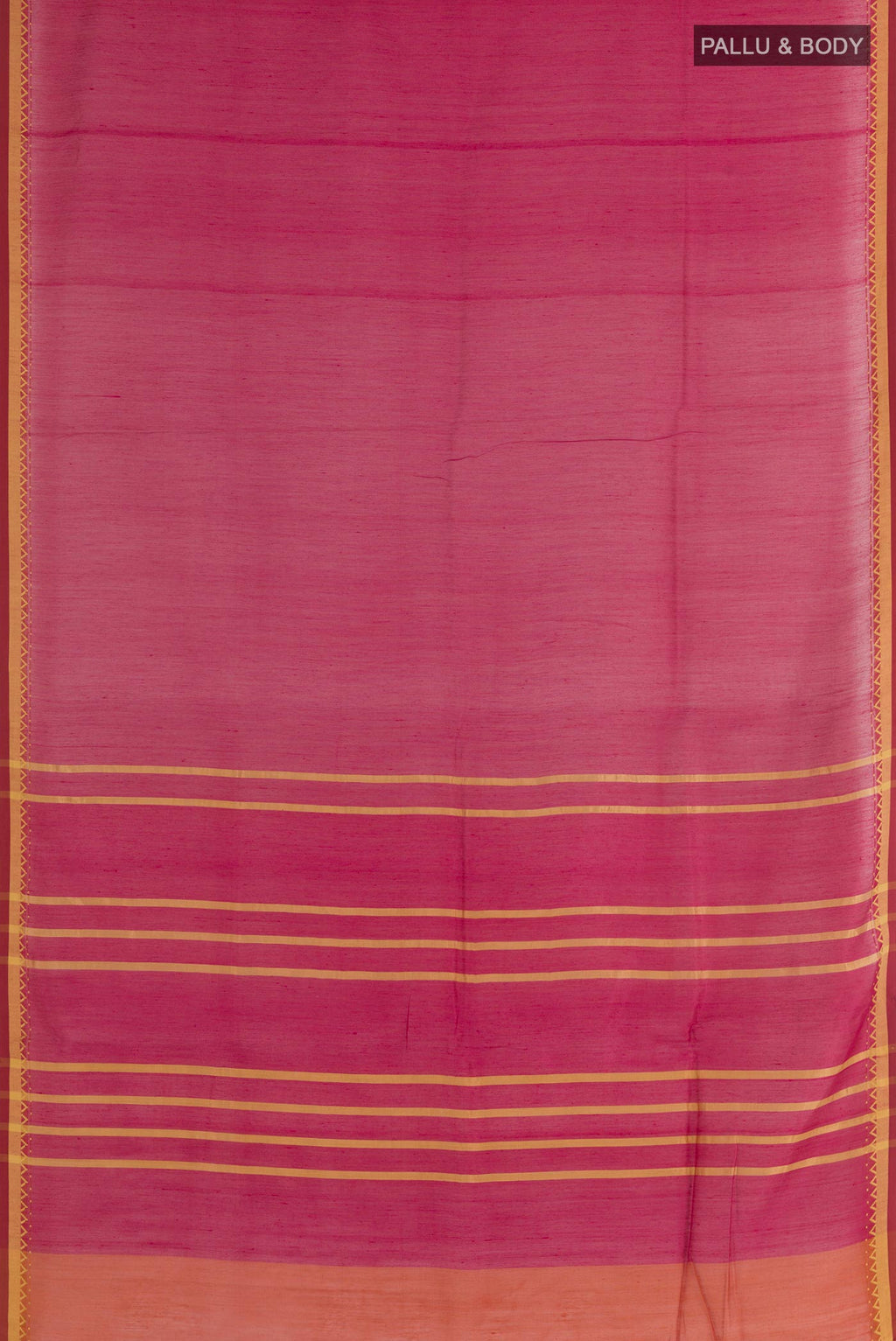 Flat view of Pink Tussar Saree with Stripes on the body and Plain Border. 