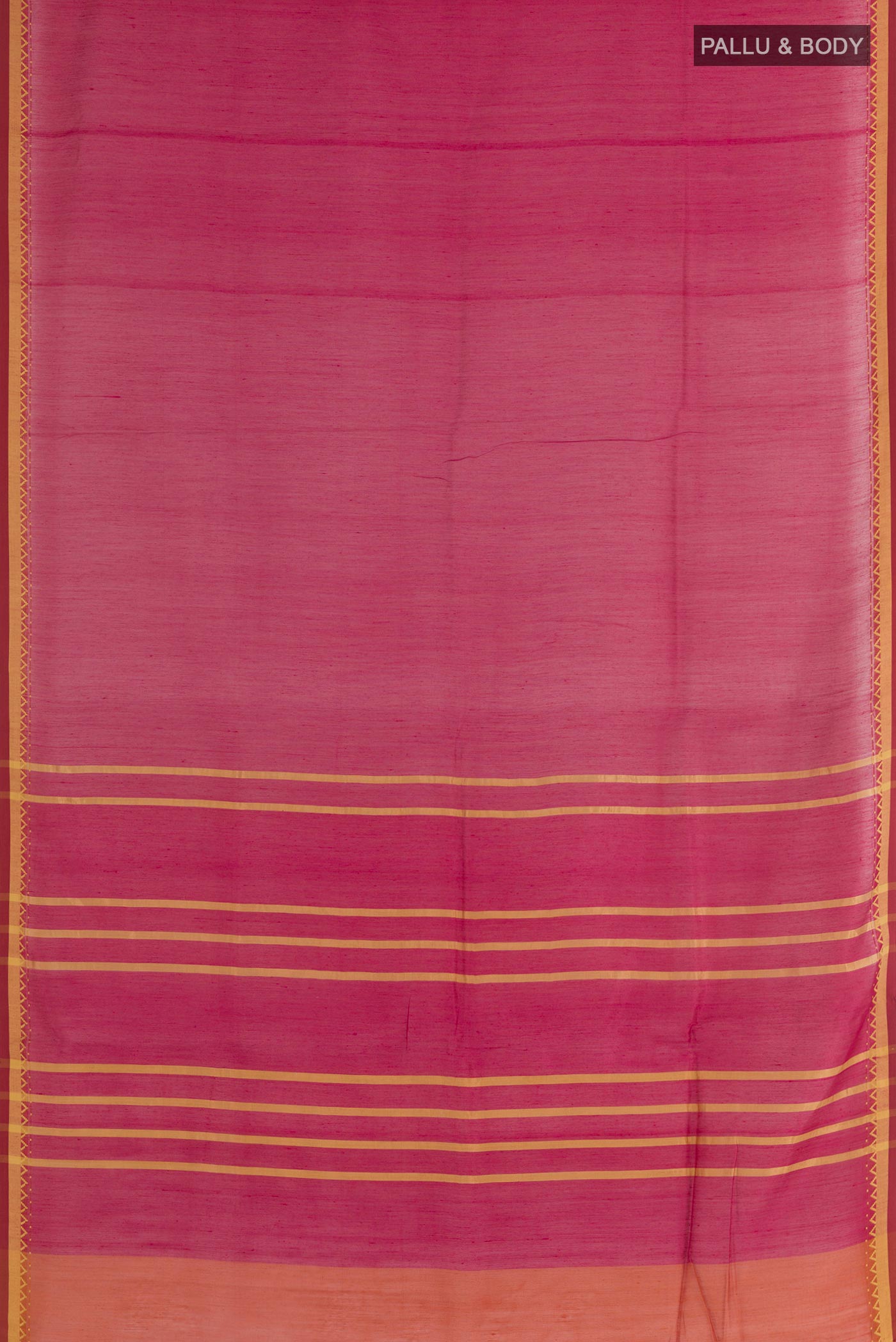 Flat view of Pink Tussar Saree with Stripes on the body and Plain Border. 
