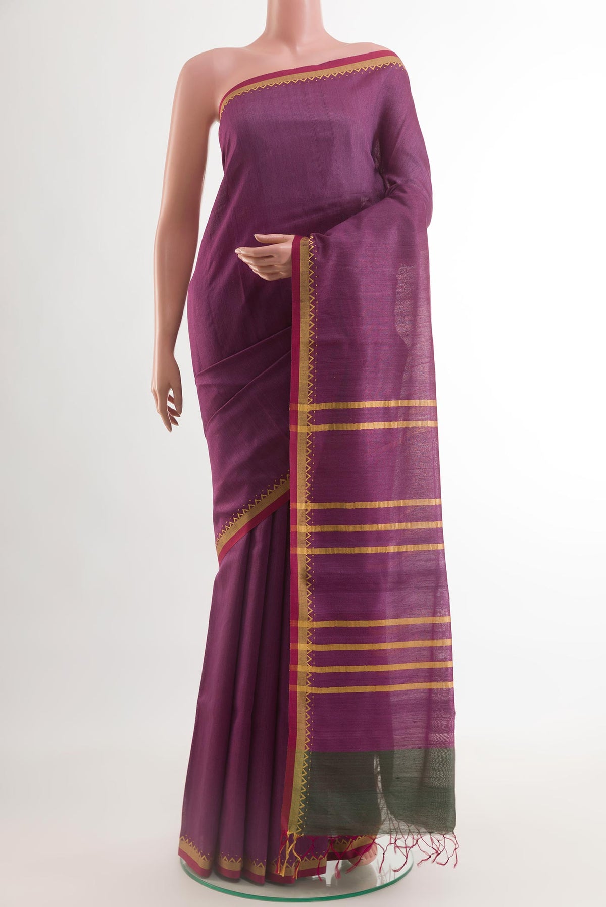 Purple Tussar Saree with Stripes on the body and Zari Border.  displayed on a mannequin