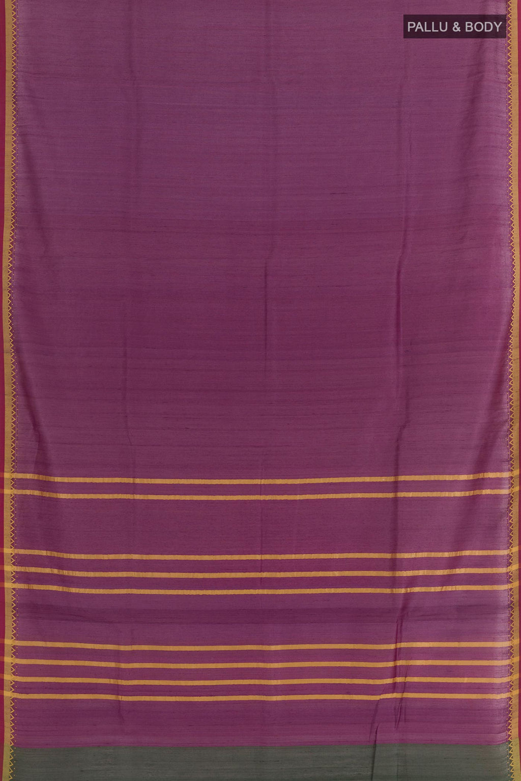 Flat view of Purple Tussar Saree with Stripes on the body and Zari Border. 