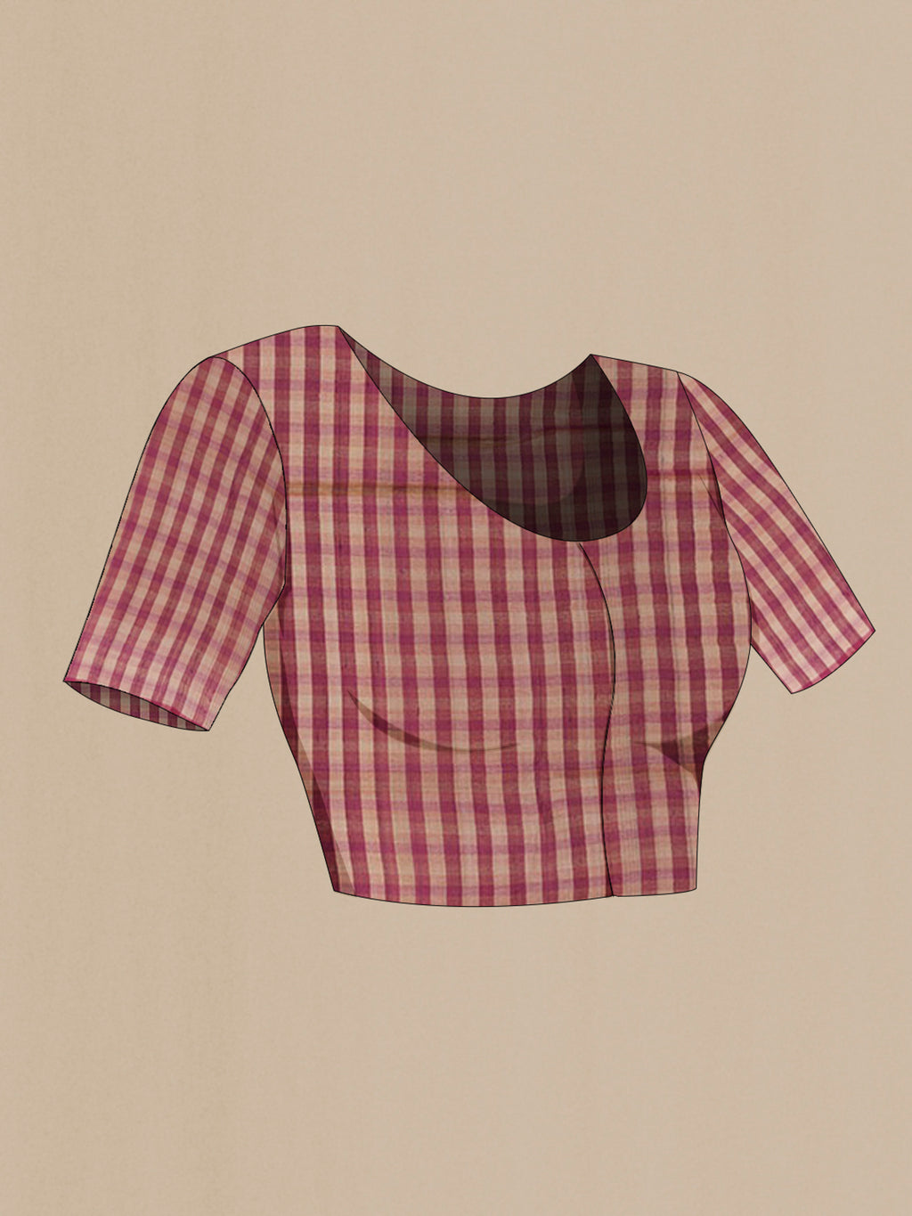 Close up image of the blouse of Pink Tussar Saree with Printed design on the body and Zari Border. 