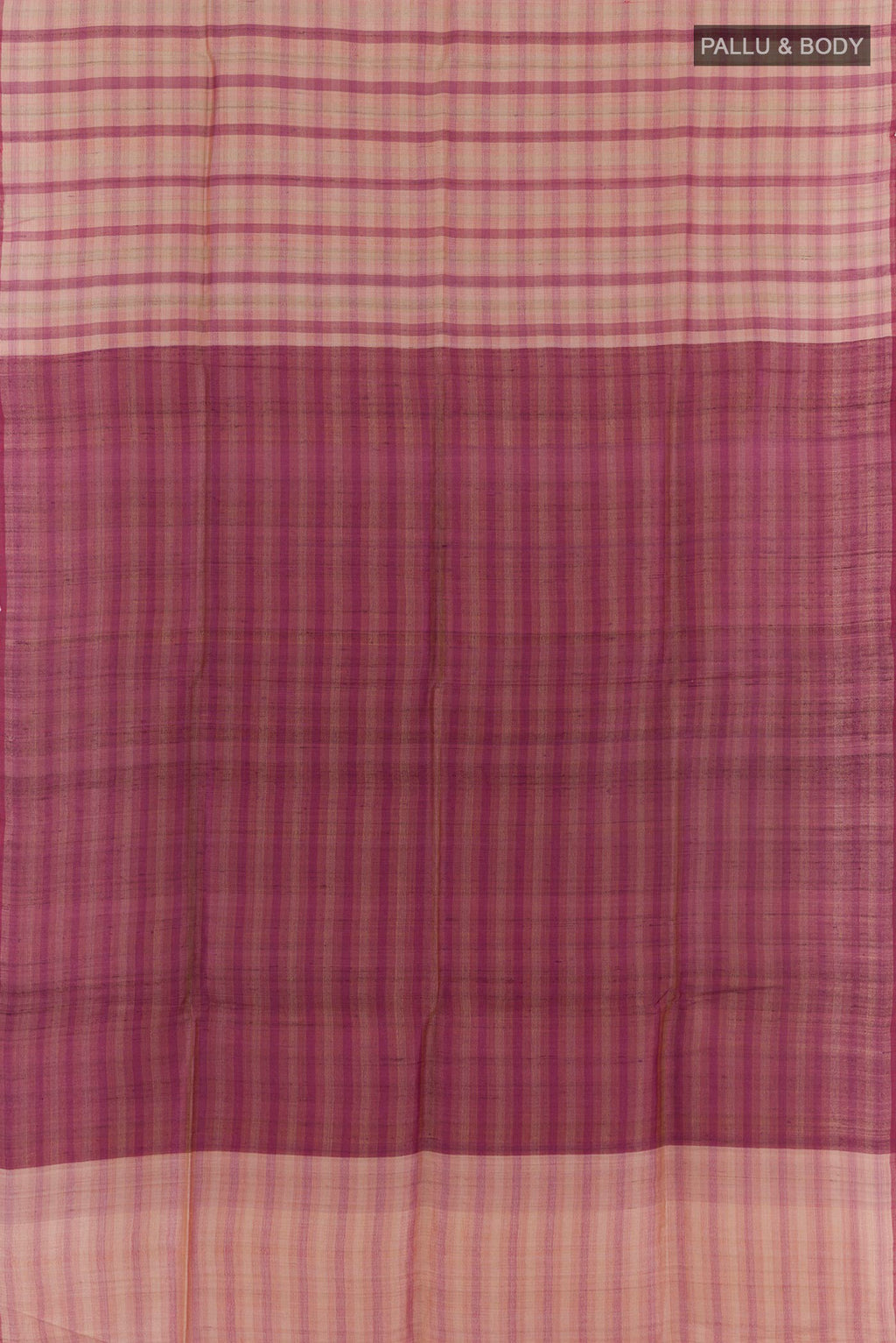 Flat view of Pink Tussar Saree with Printed design on the body and Zari Border. 