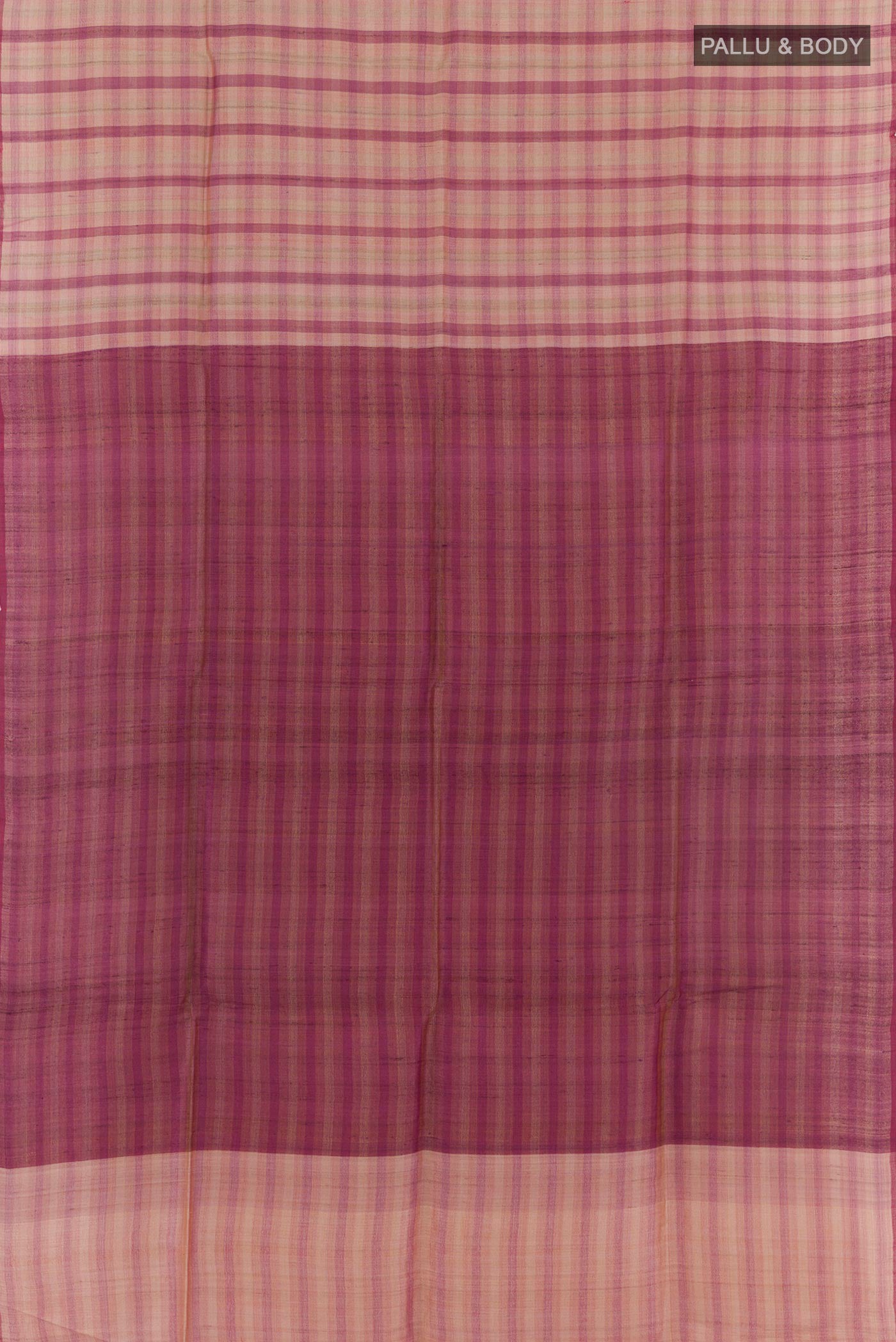 Flat view of Pink Tussar Saree with Printed design on the body and Zari Border. 