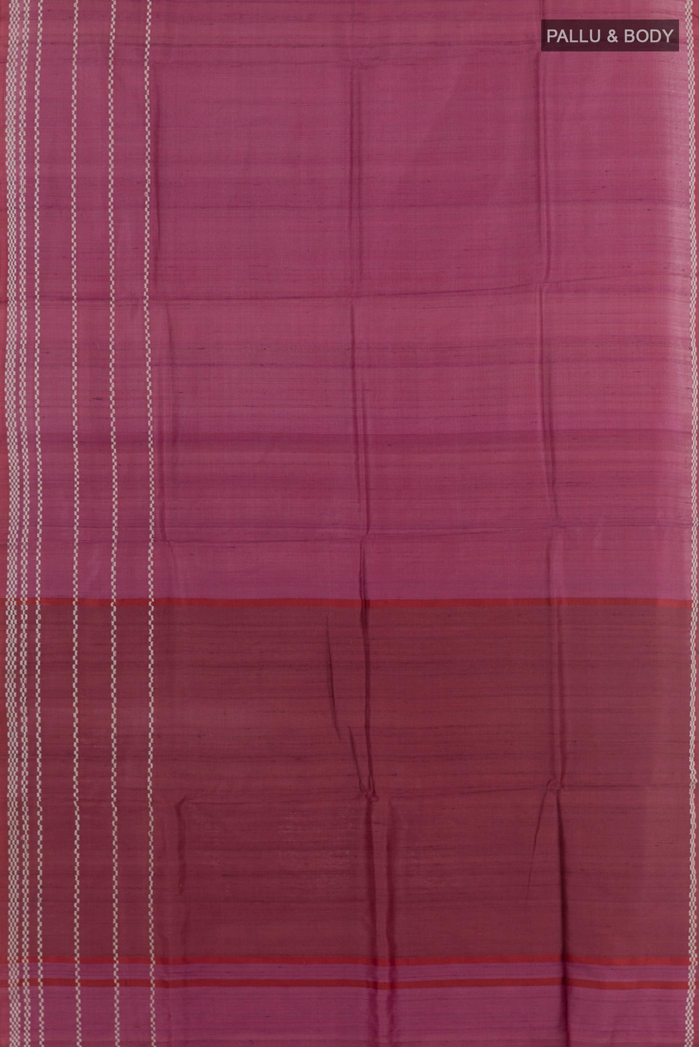Flat view of Magenta Tussar Saree with Plain Body and Zari Border. 