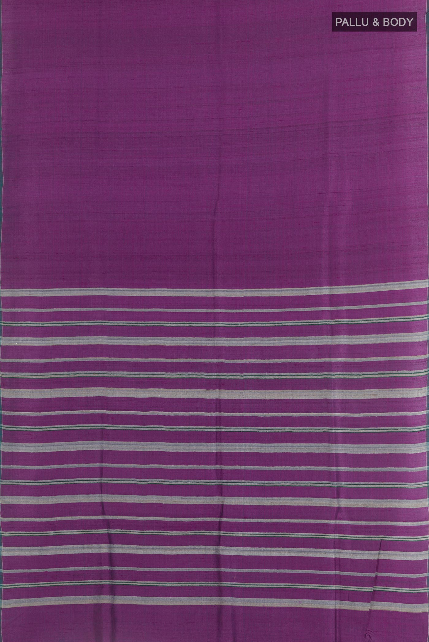 Flat view of Purple Tussar Saree with Stripes on the body and Zari Border. 