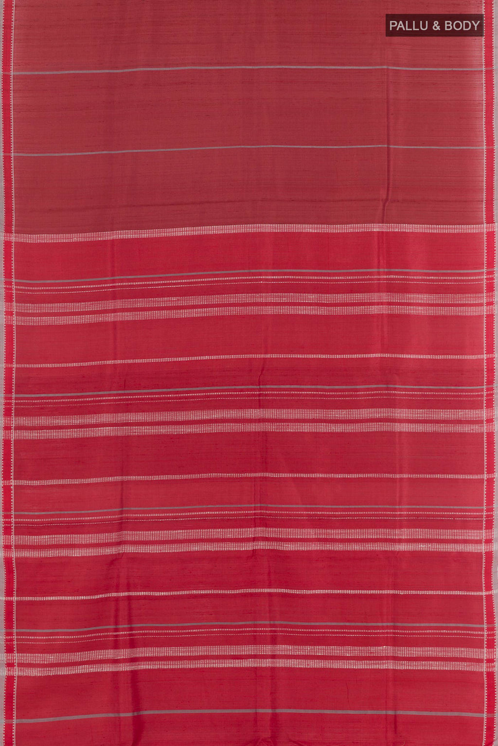 Flat view of Red Tussar Saree with Stripes on the body and Zari Border. 