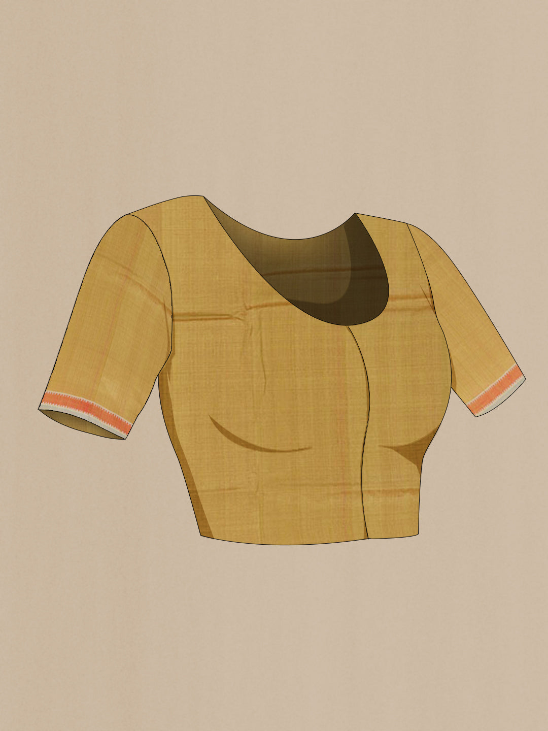 Close up image of the blouse of Yellow Tussar Saree with Stripes on the body and Zari Border. 