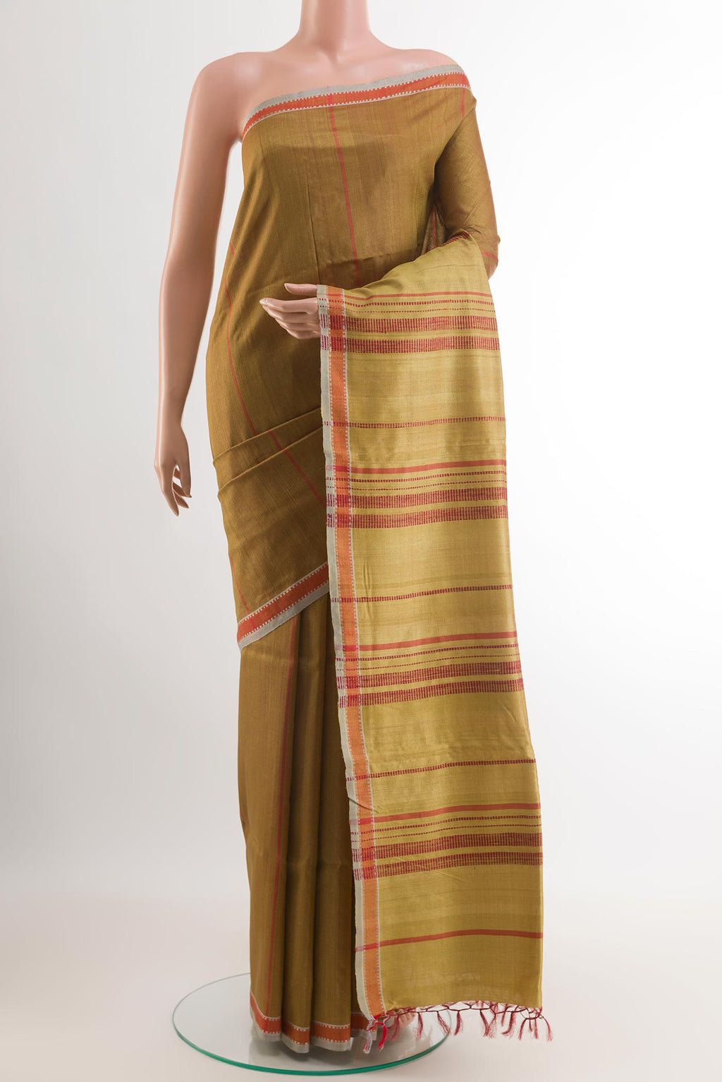 Yellow Tussar Saree with Stripes on the body and Zari Border.  displayed on a mannequin