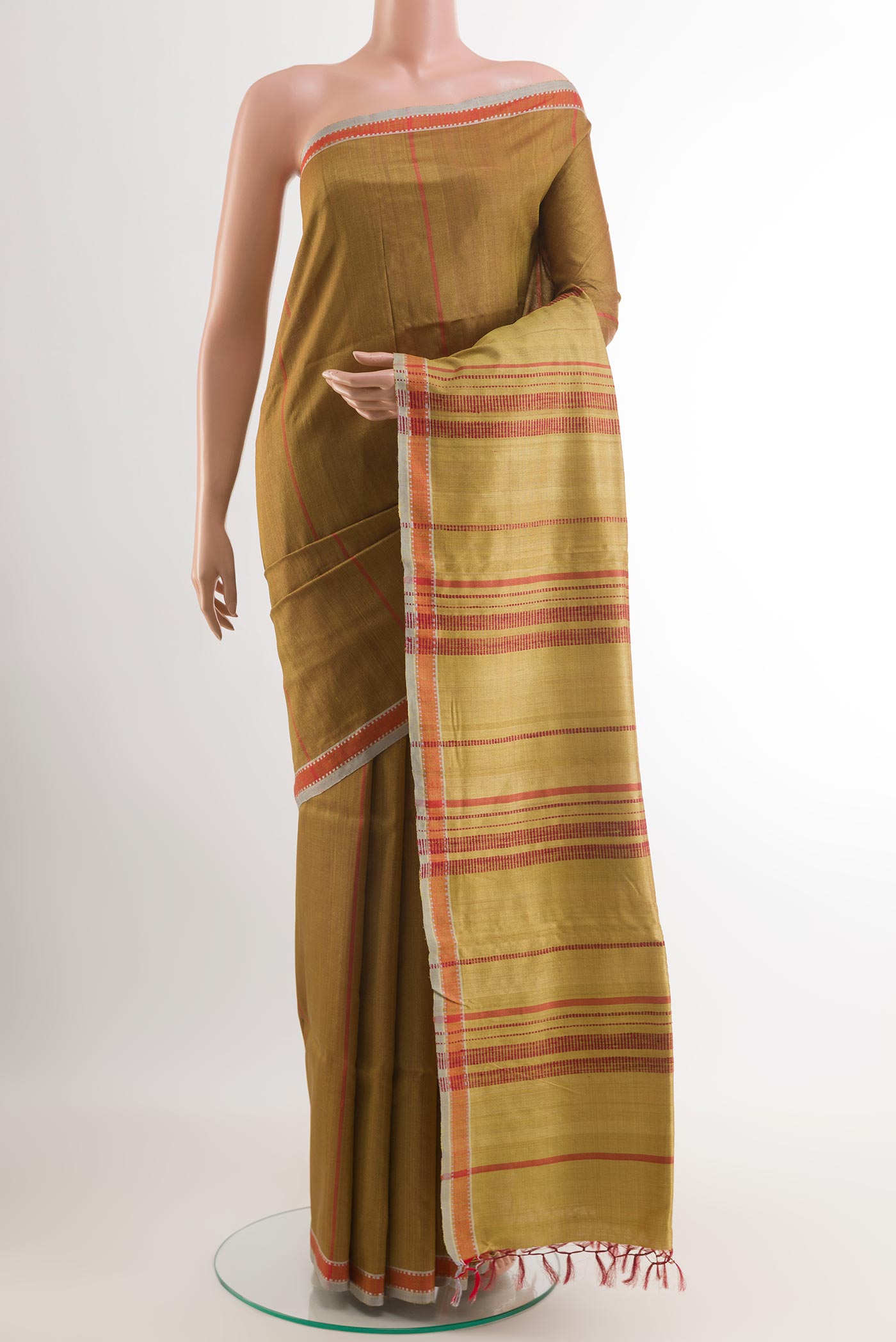 Yellow Tussar Saree with Stripes on the body and Zari Border.  displayed on a mannequin