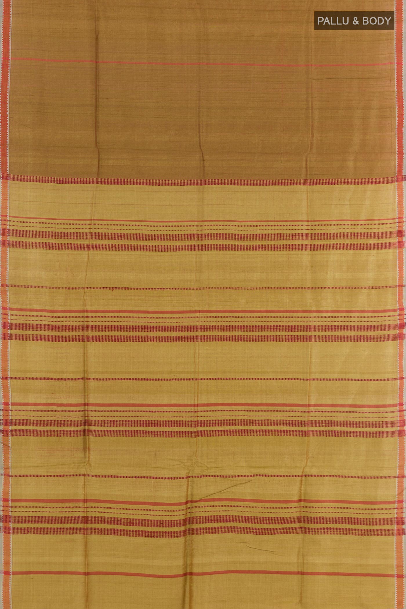 Flat view of Yellow Tussar Saree with Stripes on the body and Zari Border. 