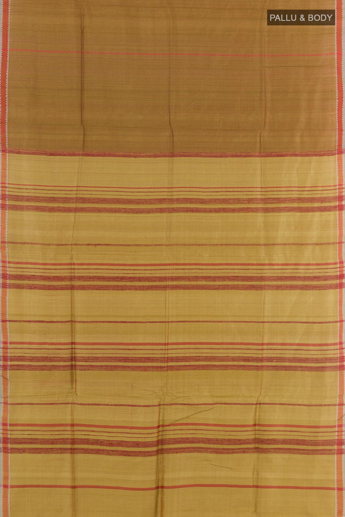 Flat view of Yellow Tussar Saree with Stripes on the body and Zari Border. 