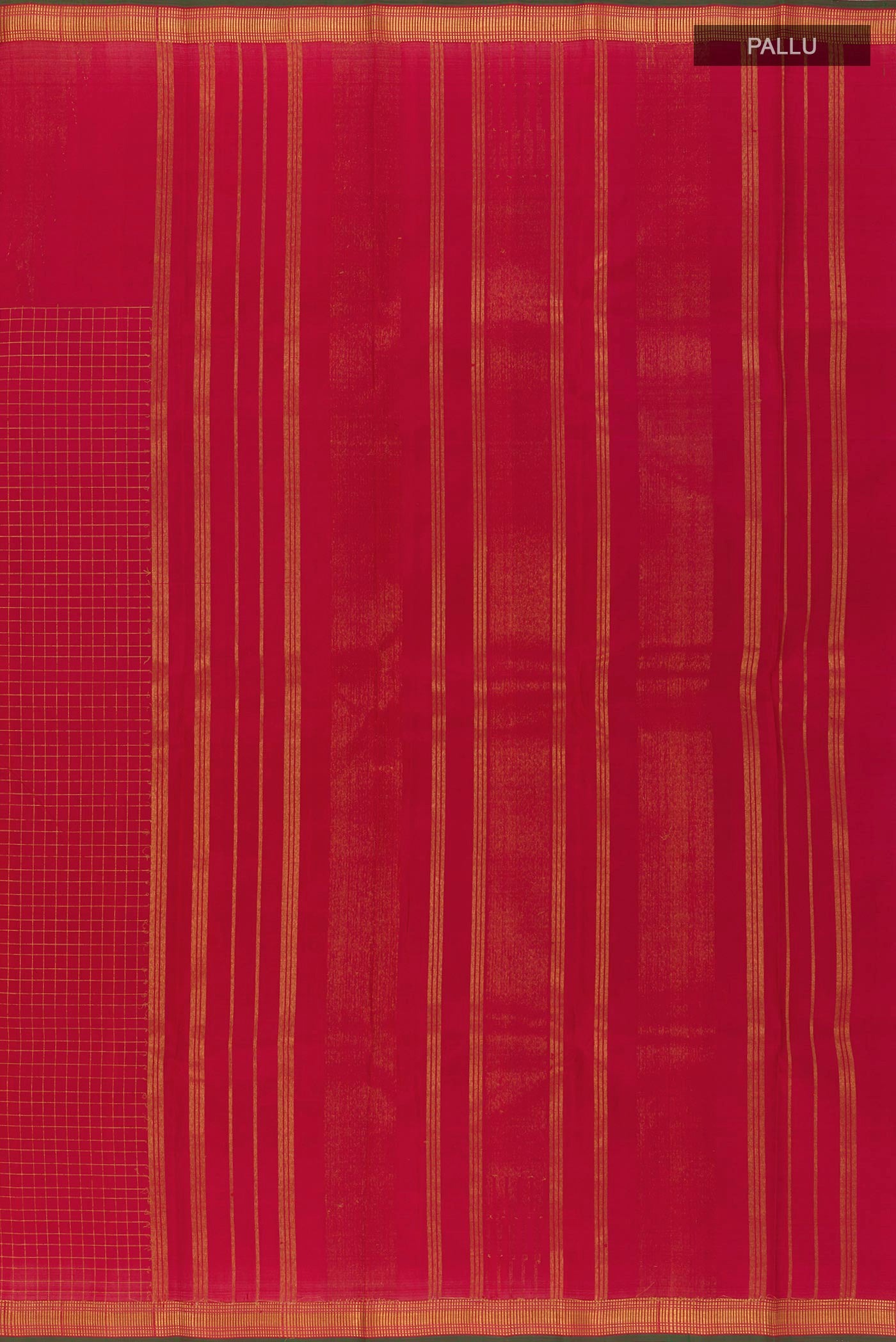 Close up image of the pallu of Maroon Kanchipuram Silk Saree with Checked design on the body and Temple Border. 