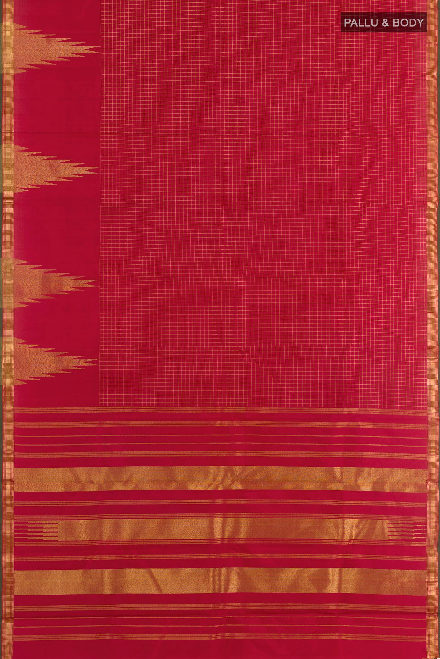 Flat view of Maroon Kanchipuram Silk Saree with Checked design on the body and Temple Border. 