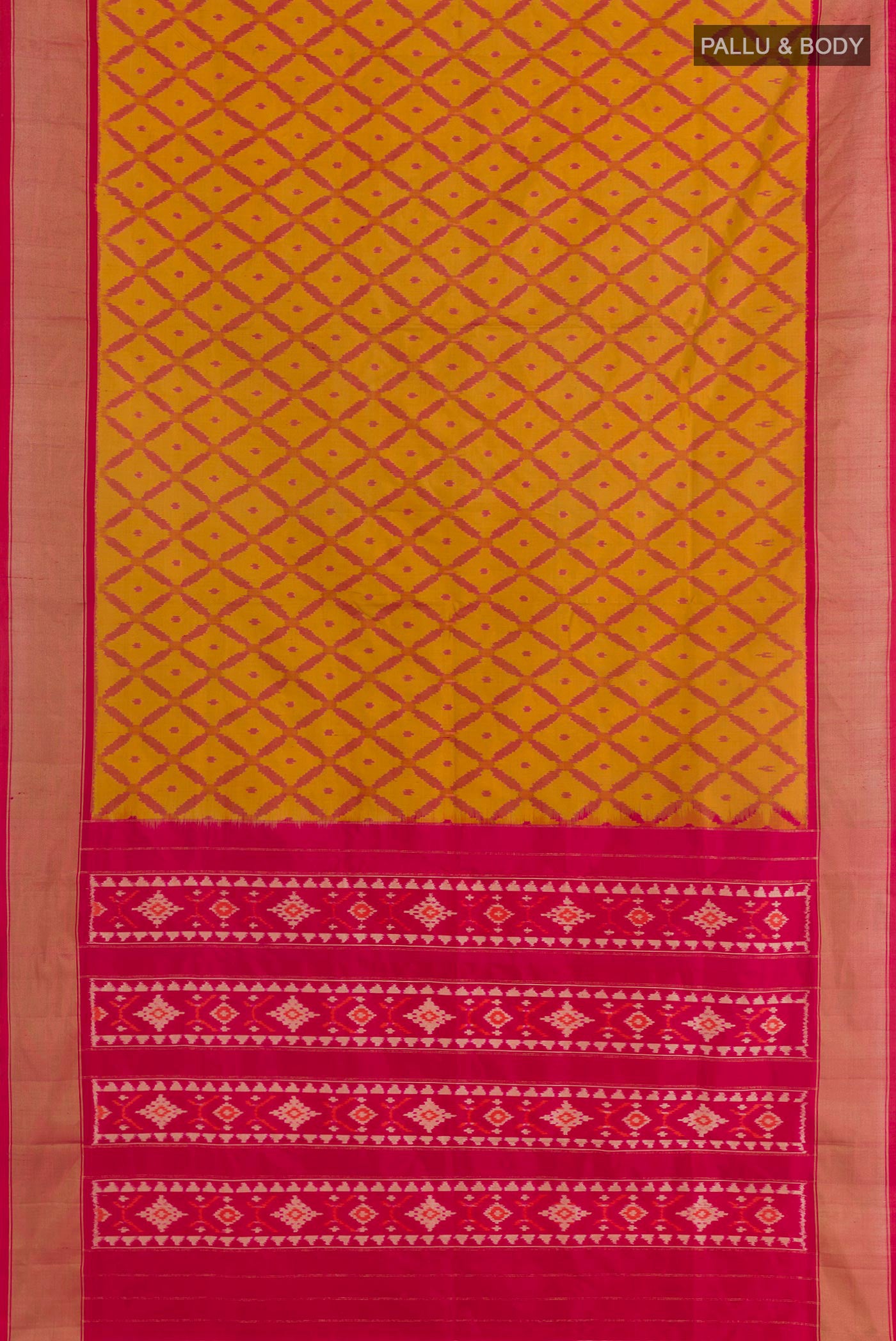 Flat view of Yellow Pochampally Silk Saree with Ikat design on the body and Plain Border. 