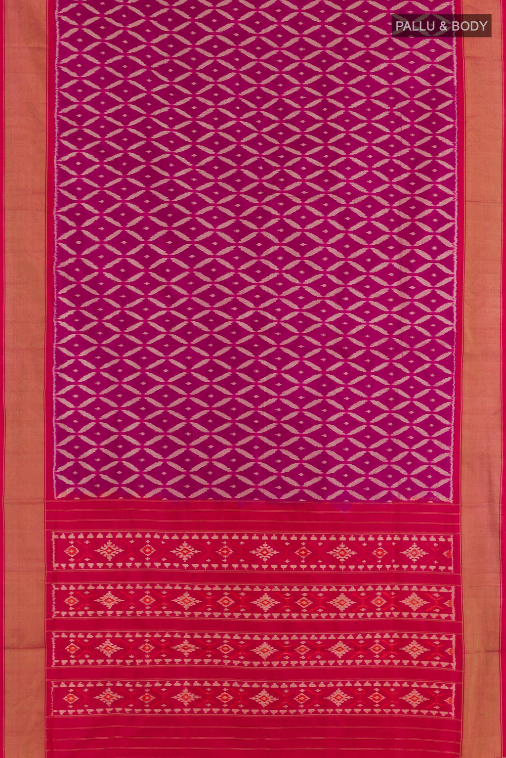 Flat view of Purple Pochampally Silk Saree with Ikat design on the body and Zari Border. 